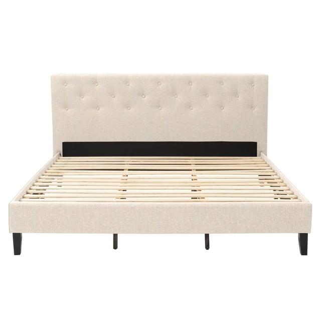 CorLiving Nova Ridge Luxurious Cream Upholstered King Size Platform Bed Frame with Headboard - Platform Design, No Boxspring Required, Perfect for King Bed, Headboard and Frame Combination.