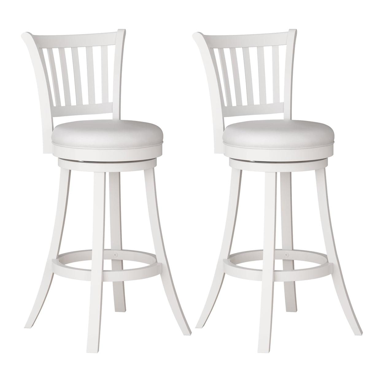 CorLiving Winston White Swivel Bar Stools Set of 2 with Faux Leather Seat and Vertical Slatted High Back- Bar Height Bar Stools with Back - Wood Barstools for Kitchen Island, or Bar Surfaces