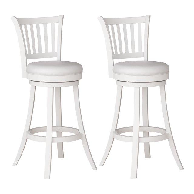 CorLiving Winston White Swivel Bar Stools Set of 2 with Faux Leather Seat and Vertical Slatted High Back- Bar Height Bar Stools with Back - Wood Barstools for Kitchen Island, or Bar Surfaces