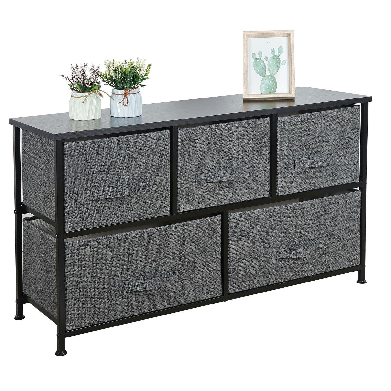 Flash Furniture 5 Drawer Wood Top Black Cast Iron Frame Vertical Storage Dresser with Dark Gray Easy Pull Fabric Drawers