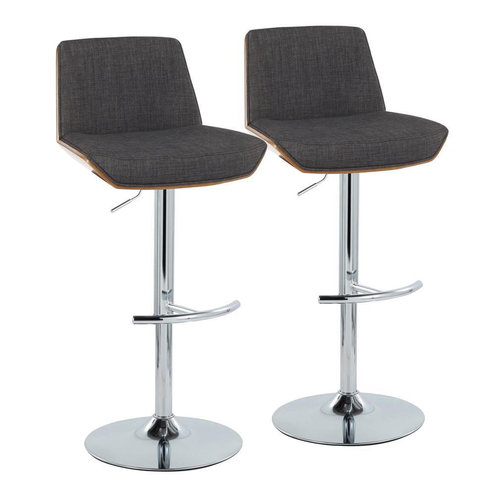 Corazza Mid-Century Modern Adjustable Barstool With Swivel In Black Metal, Walnut Wood And Charcoal Fabric With Rounded T Footrest - Set Of 2