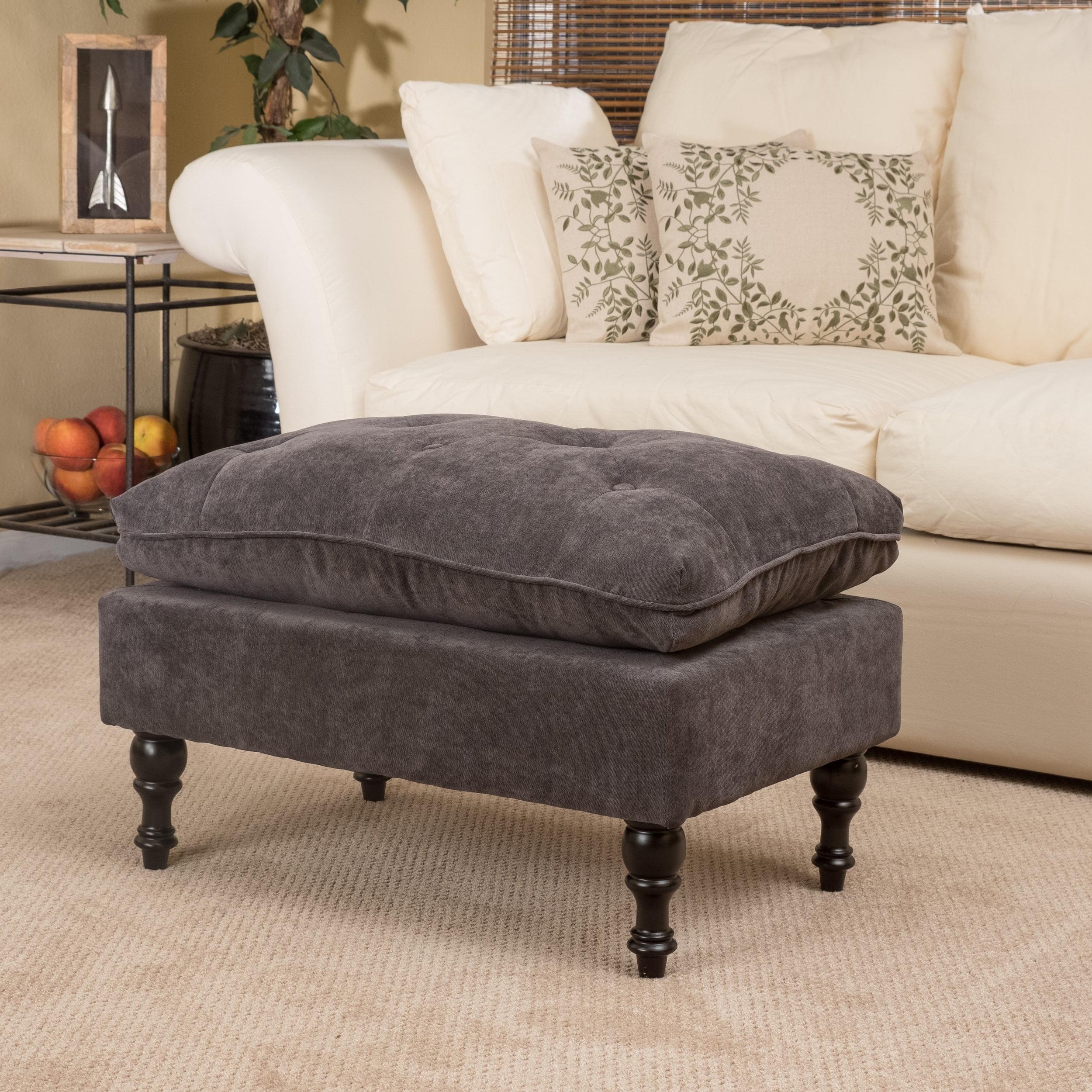 Cordoba Grey Fabric Button Tufted Ottoman with Espresso Legs