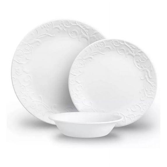 Corelle 18pc Vitrelle Embossed Bella Faenza Dinnerware Set White: Floral Pattern, Service for 6, Dishwasher & Microwave Safe