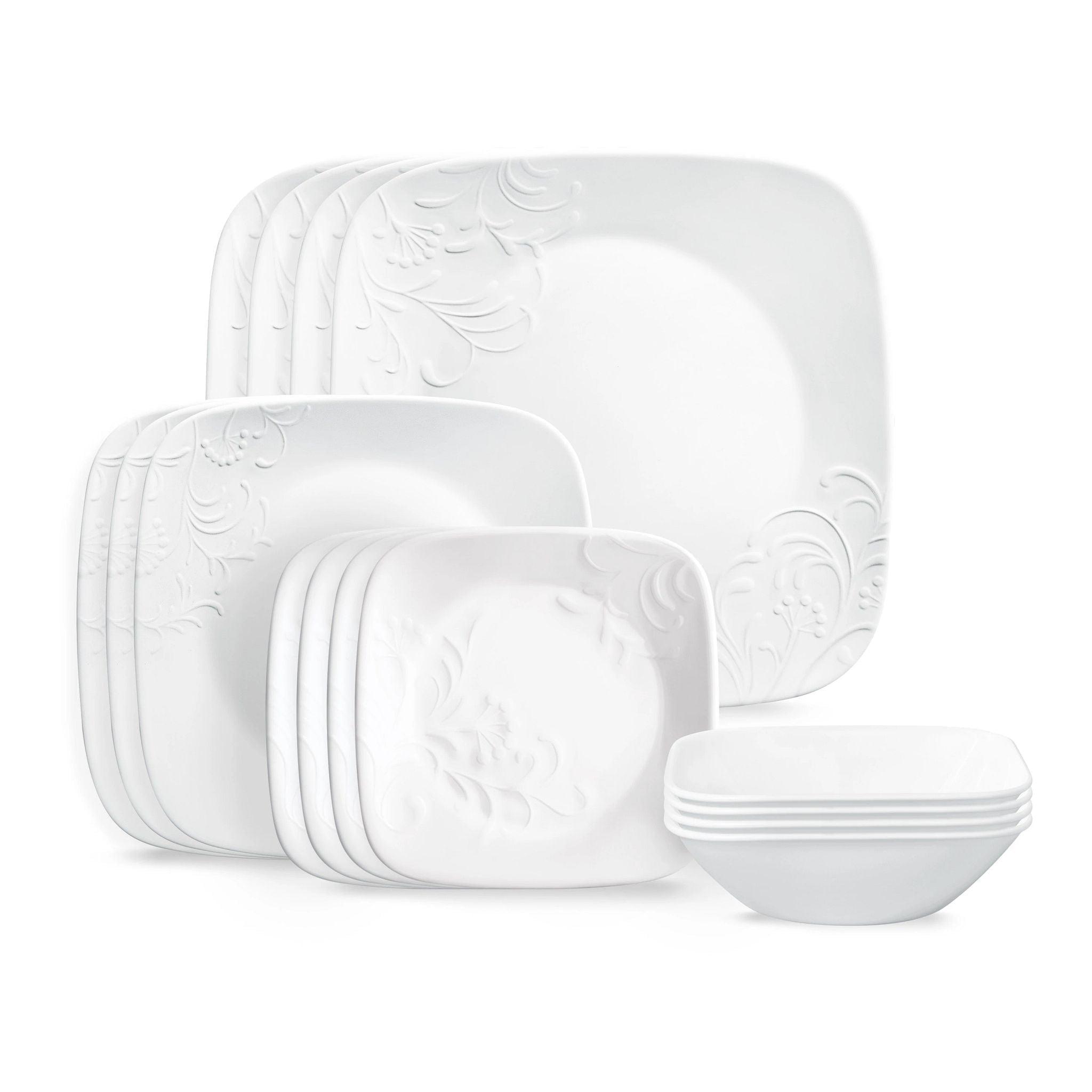 Corelle Cherish 16-Piece Embossed Square Glass Dinnerware Set (Service for 4)