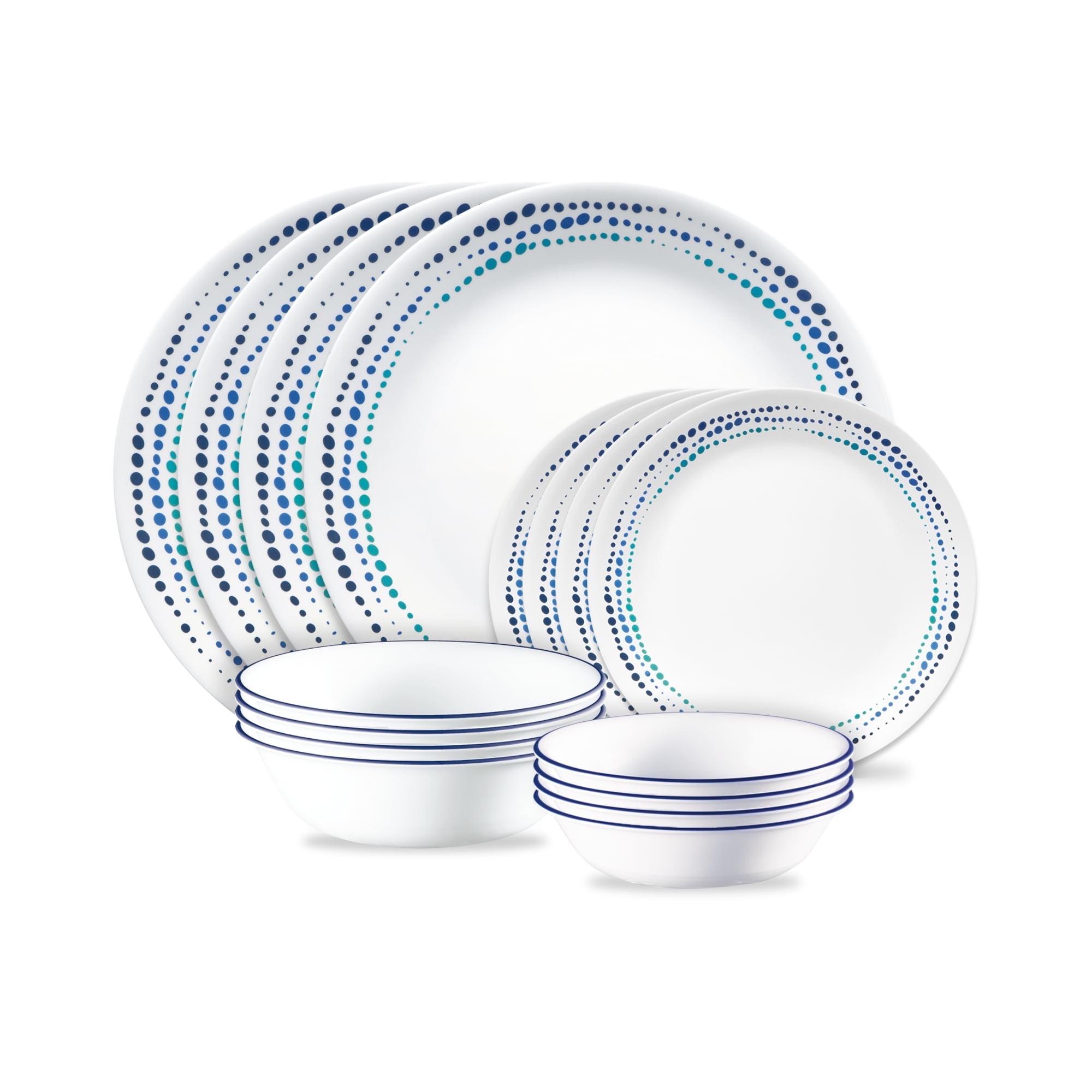 Corelle 16pc Vitrelle Ocean Blues Dinnerware Set: Polka Dot Plates & Bowls, Service for 4, Dishwasher-Safe