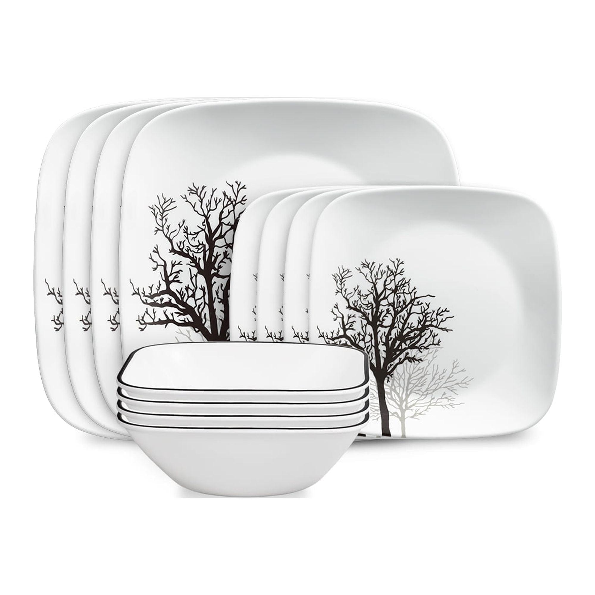 Corelle 12pc Vitrelle Timber Shadows Dinnerware Set: Botanical Tree Pattern, Service for 4, Includes Plates & Bowls
