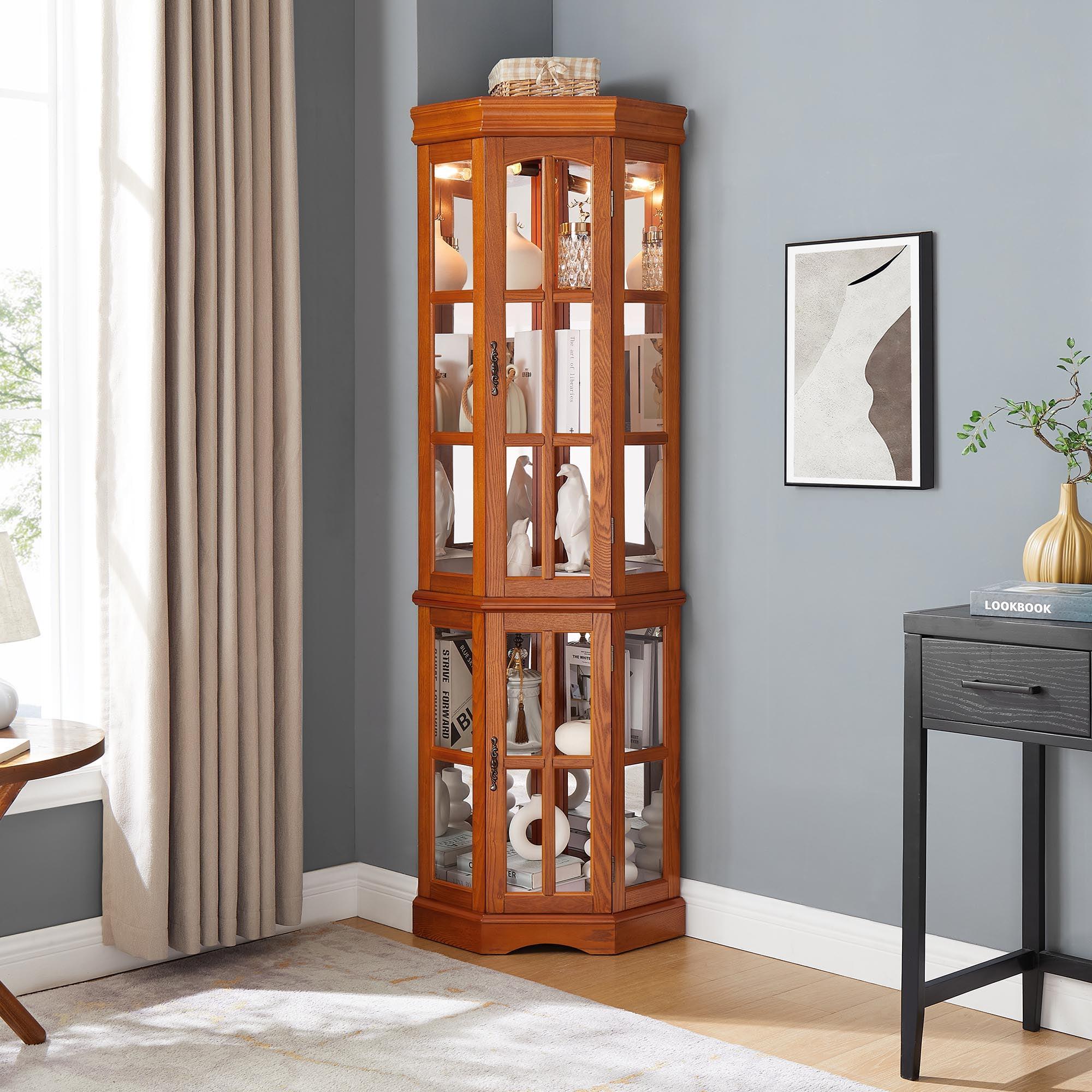 Walnut Corner Curio Cabinet with Adjustable Glass Shelves