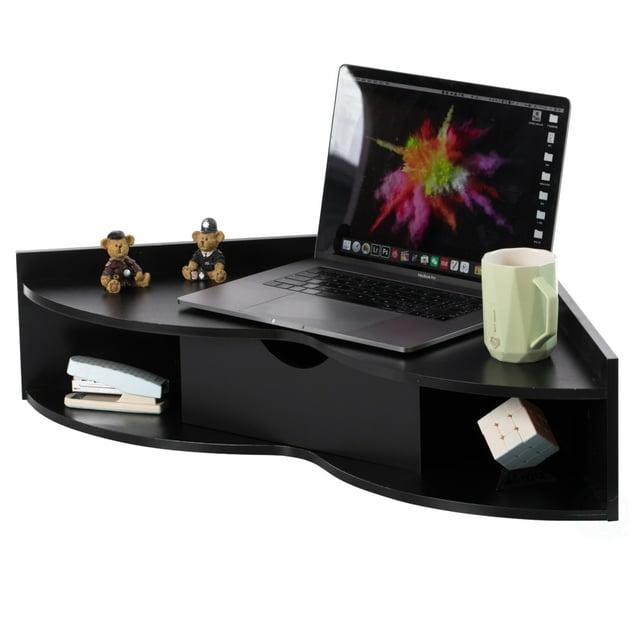 Basicwise Brown Corner Desk Heart Shaped Wall Mounted Office Table with Drawer and Two Shelves Computer Writing Desk