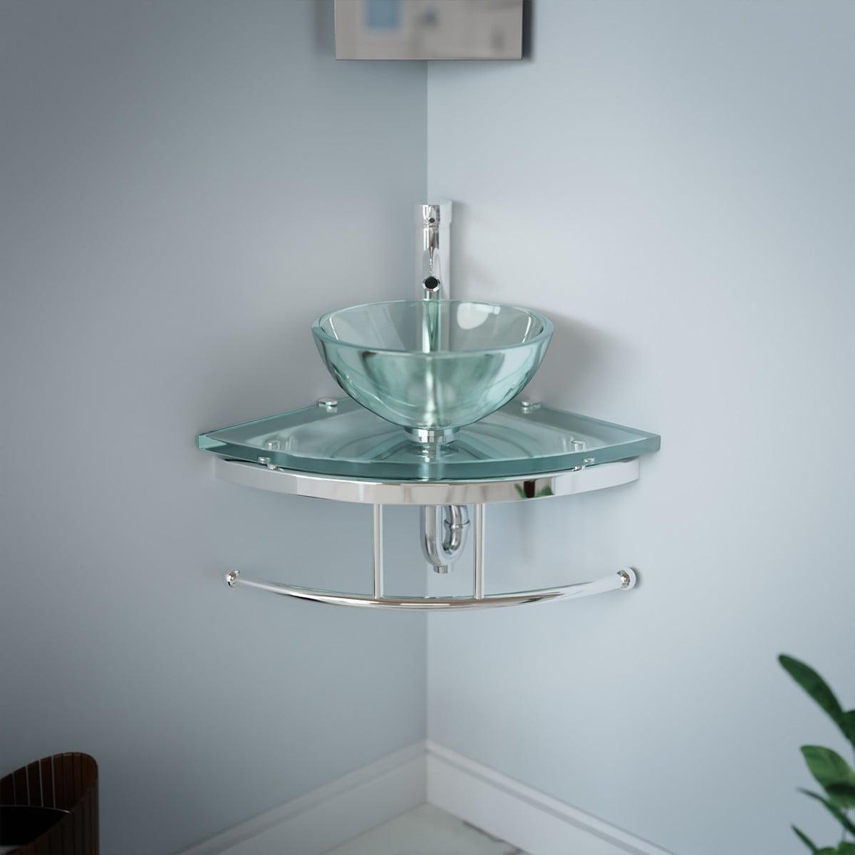 The Renovators Supply Inc. 10889 Round Corner Glass Wall Mount Bathroom Vessel Sink with Chrome Faucet Towel Bar