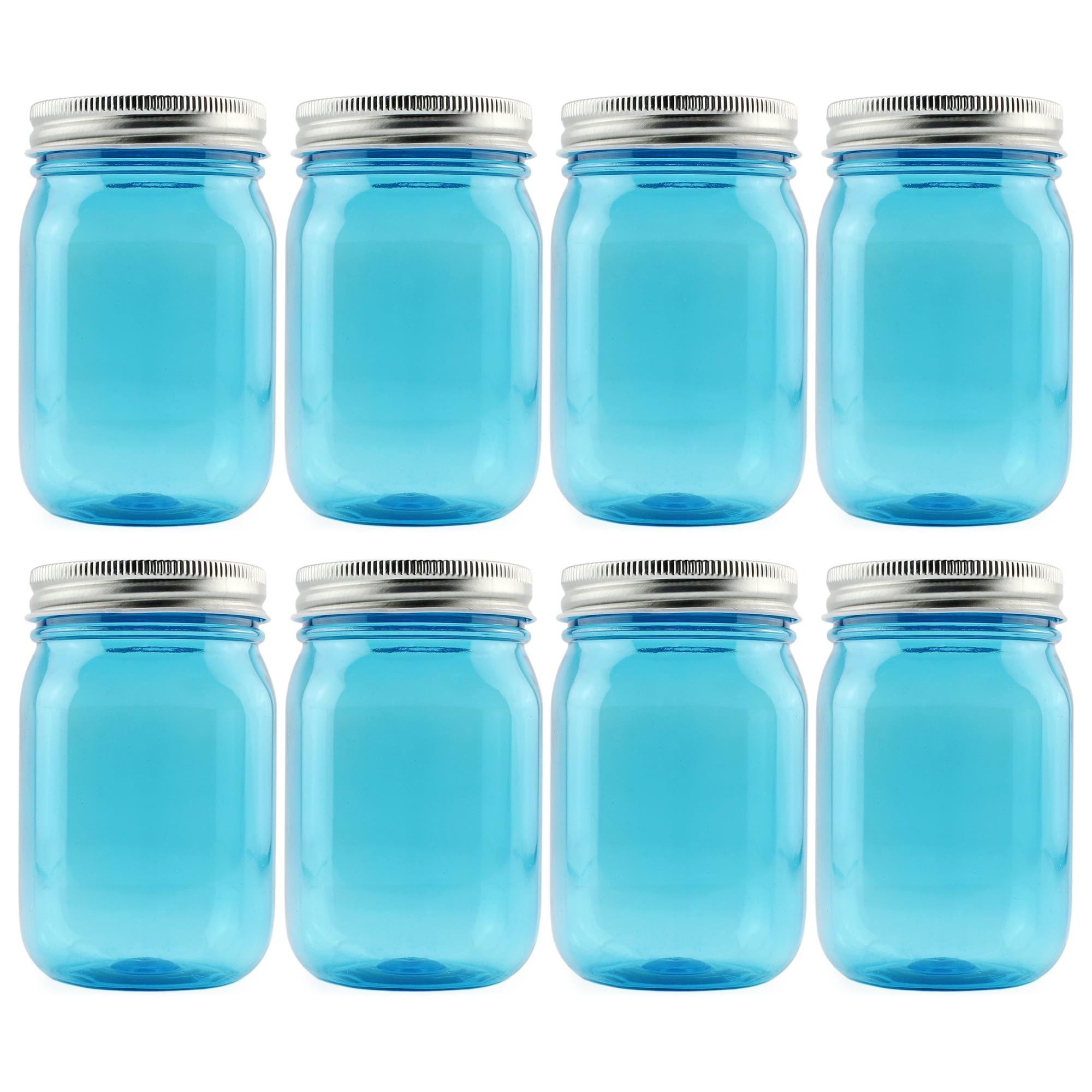 Cornucopia Brands 16oz Plastic Mason Jars 8pk, Blue/Silver; Mason Jar Style w/ Metal Lids, Pint Size, Compatible w/ Regular Mason Jar Lids