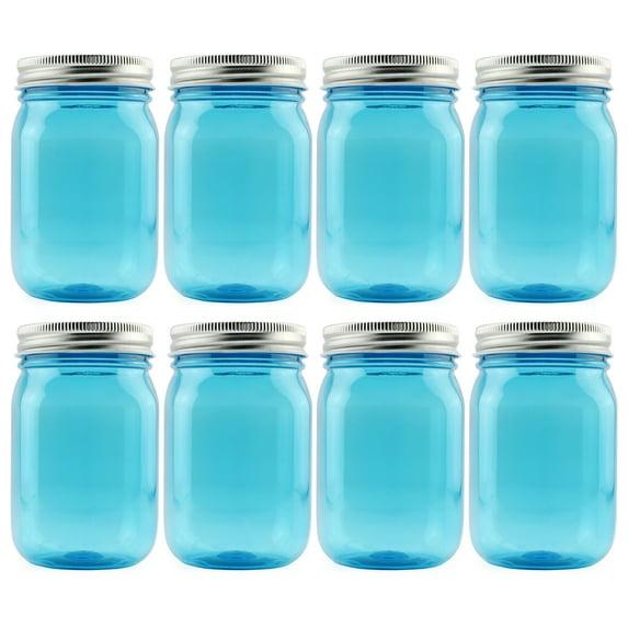 Cornucopia Brands 16oz Plastic Mason Jars 8pk, Blue/Silver; Mason Jar Style w/ Metal Lids, Pint Size, Compatible w/ Regular Mason Jar Lids