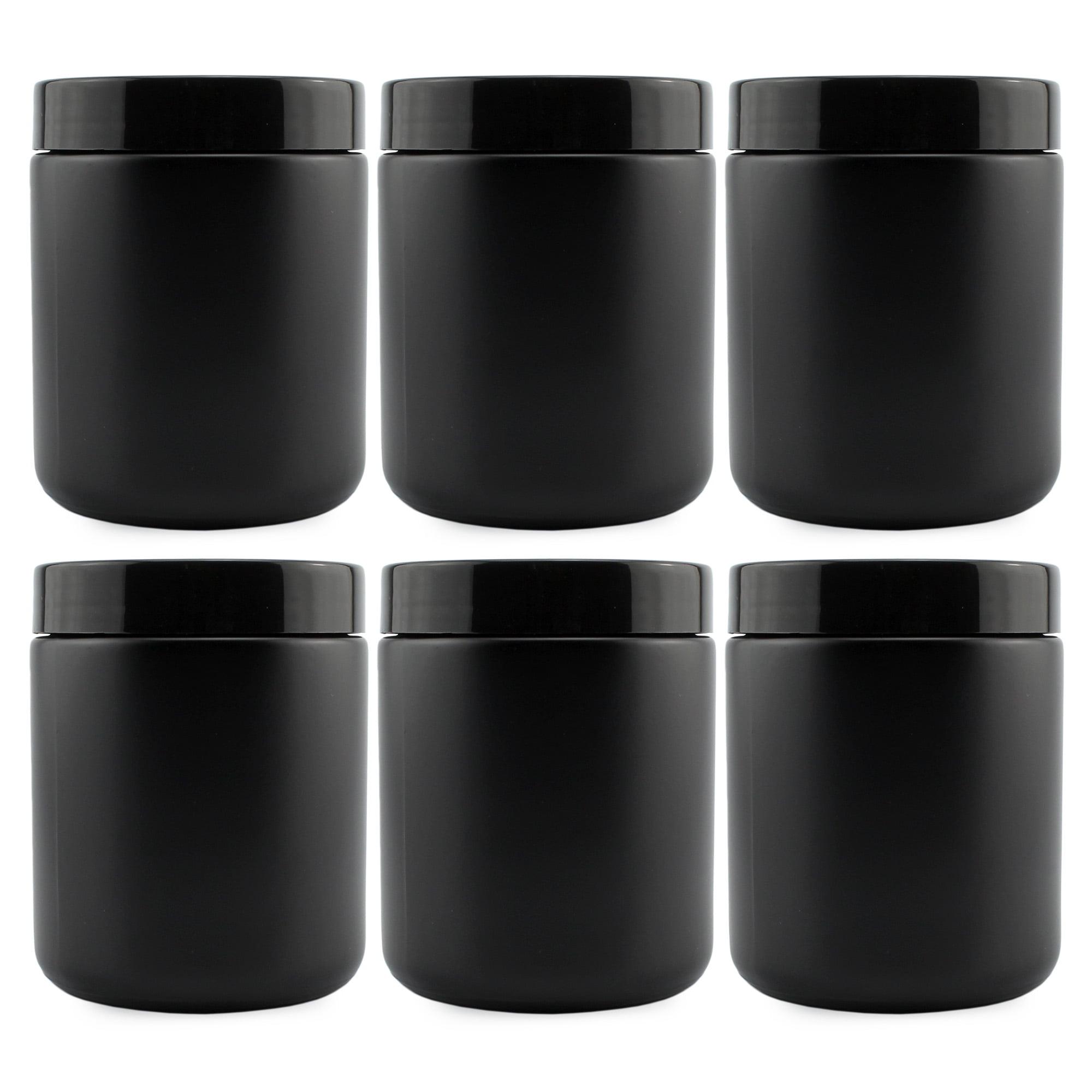 Cornucopia Brands 8oz /9oz Black Matte Coated Glass Cosmetic Jars (6pk) w/ Black Plastic Lids; Straight Sided for Body Butter, Creams, Scrubs