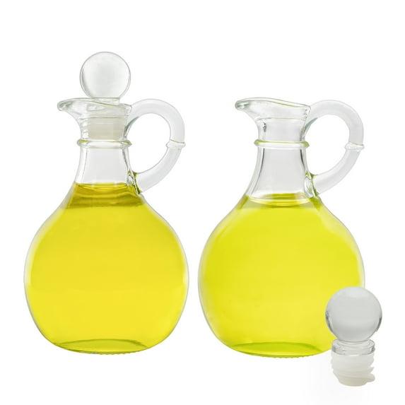 Cornucopia Brands 8oz Glass Oil and Vinegar Cruets (Set of 2); Round Oil Dispensers / Salad Dressing Bottles w/ Stoppers