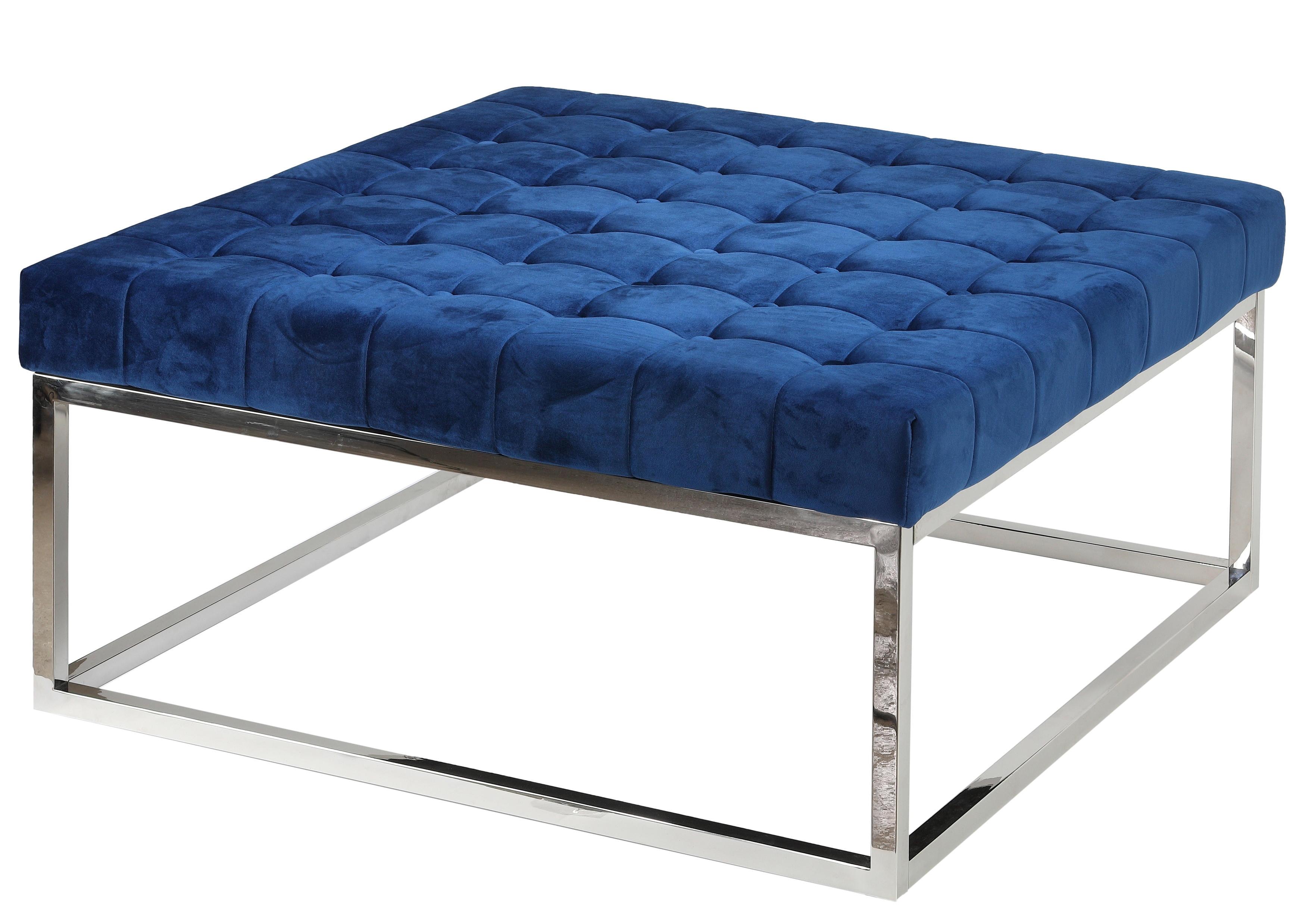 Caroline 36" Blue Velvet Tufted Ottoman with Stainless Steel Legs