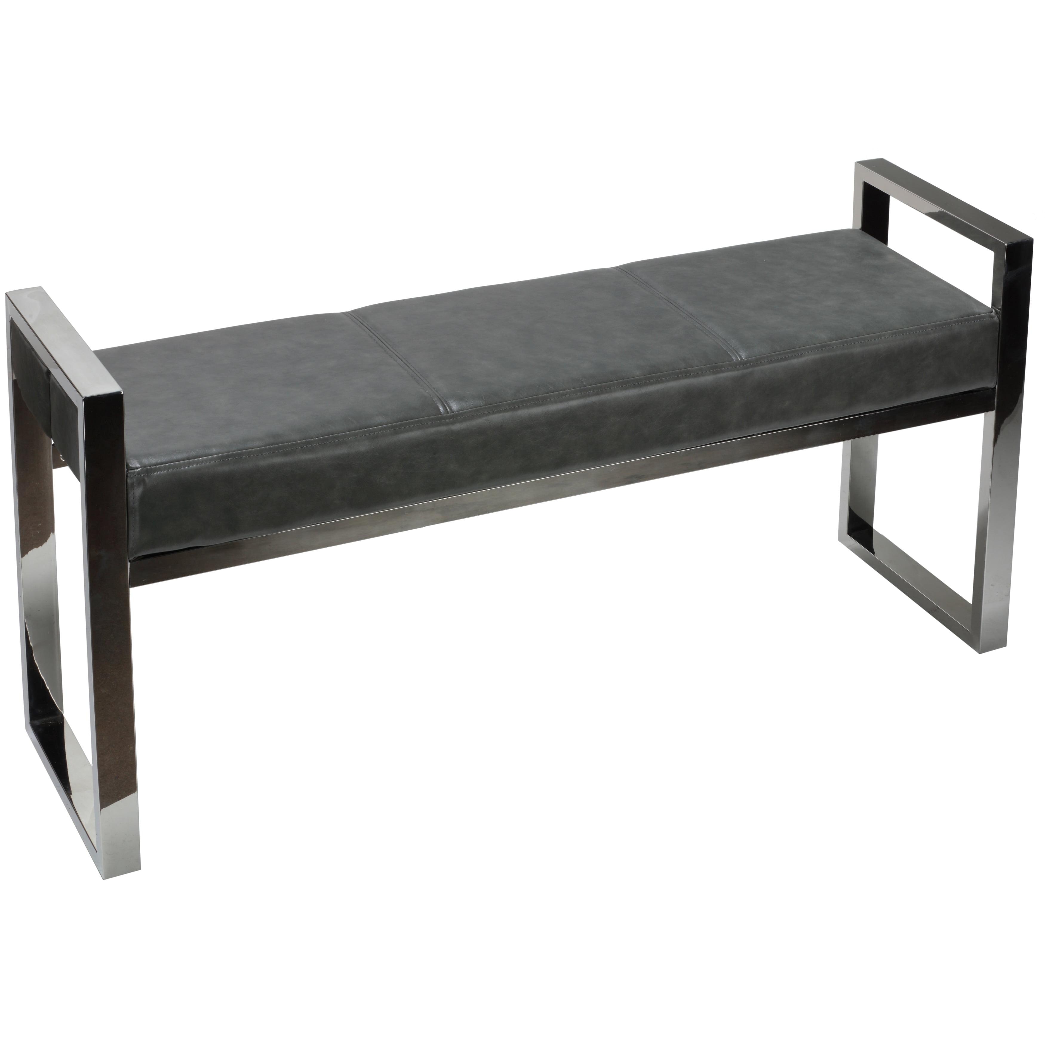 Gray Faux Leather and Chrome Metal Entryway Bench