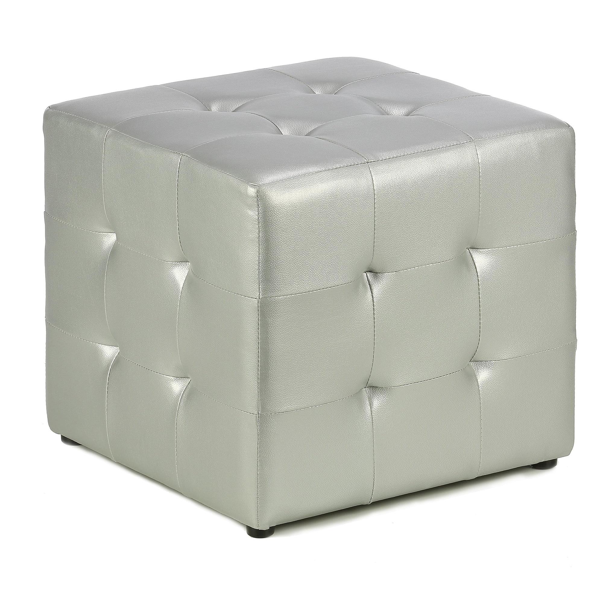 Silver Tufted Faux Leather Square Ottoman