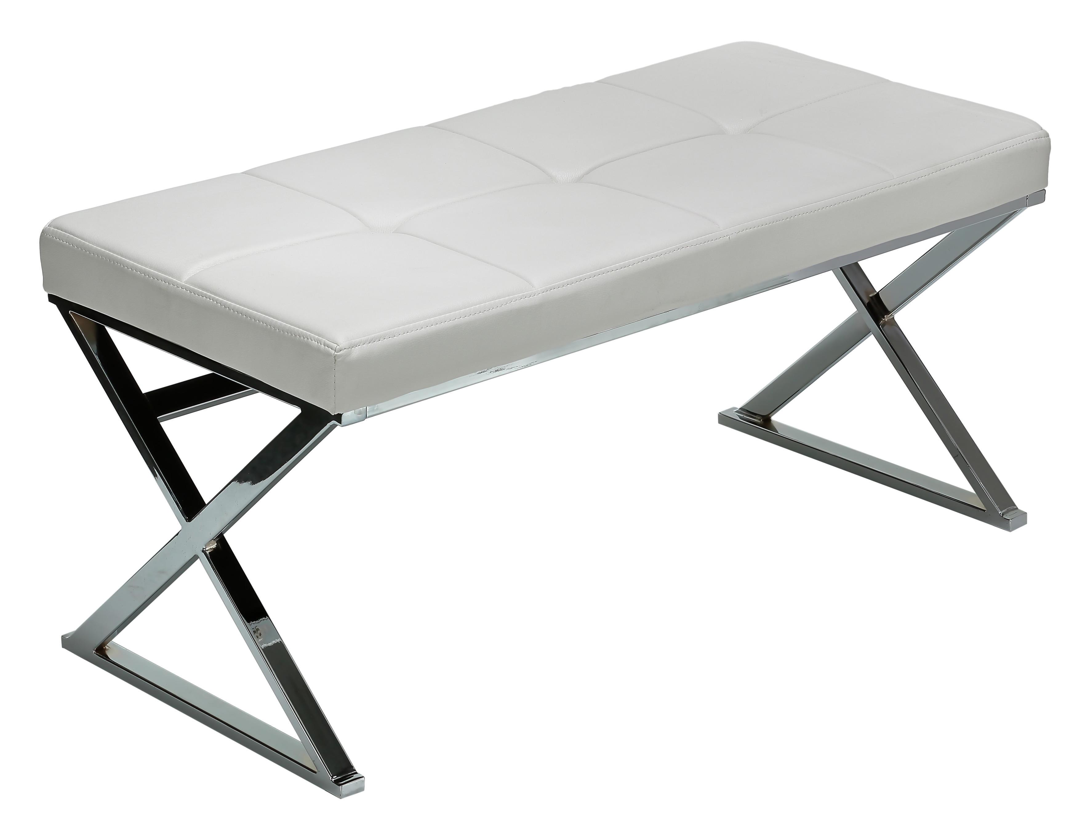 Contemporary Chrome-Finished Metal Bench with White Faux Leather