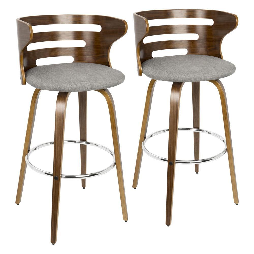 Set of 2 Cosini Mid Century Modern Barstools with Swivel Gray - LumiSource: Walnut Wood, Chrome Footrest, Upholstered