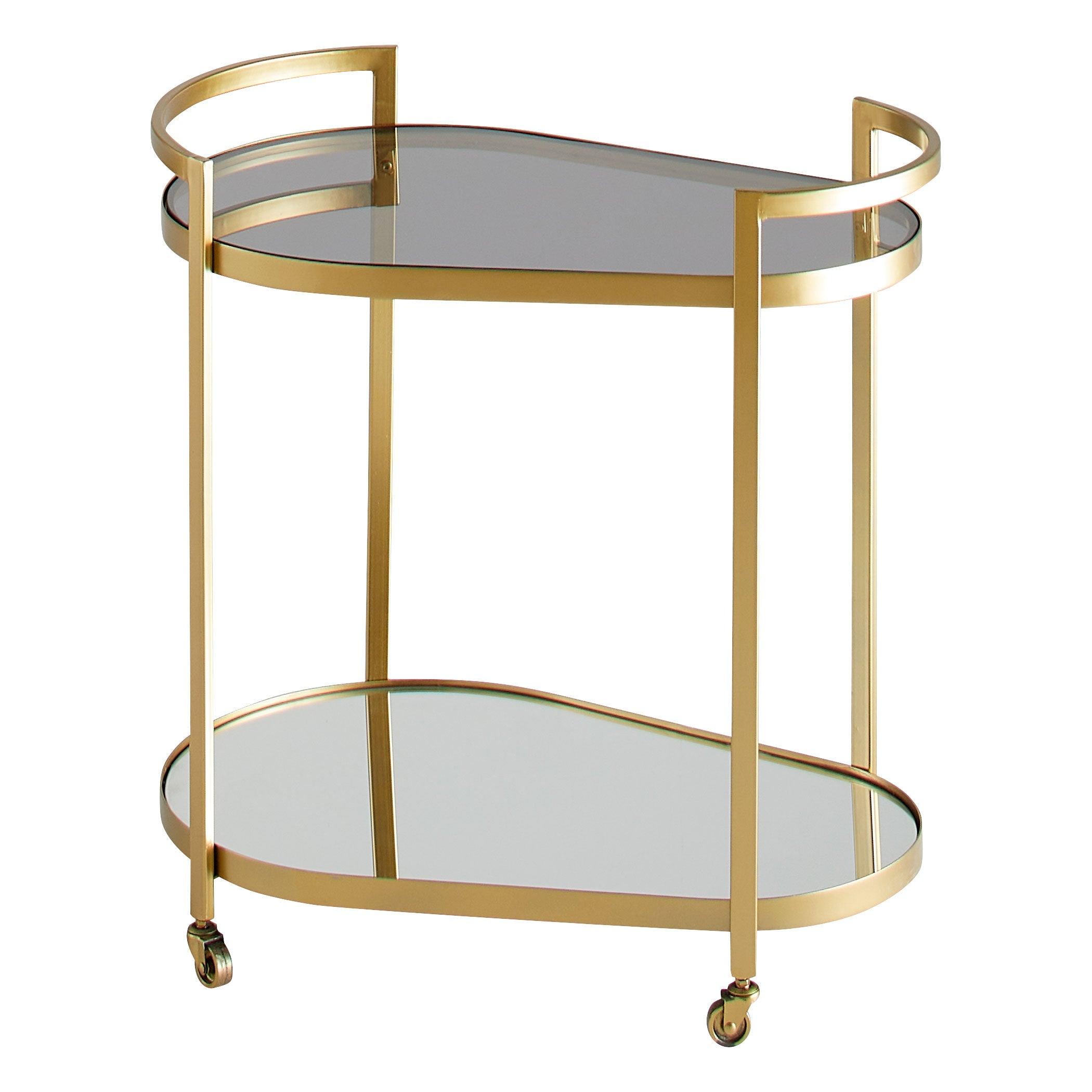 Gold Two-Tier Mirrored Glass Bar Cart with Wheels