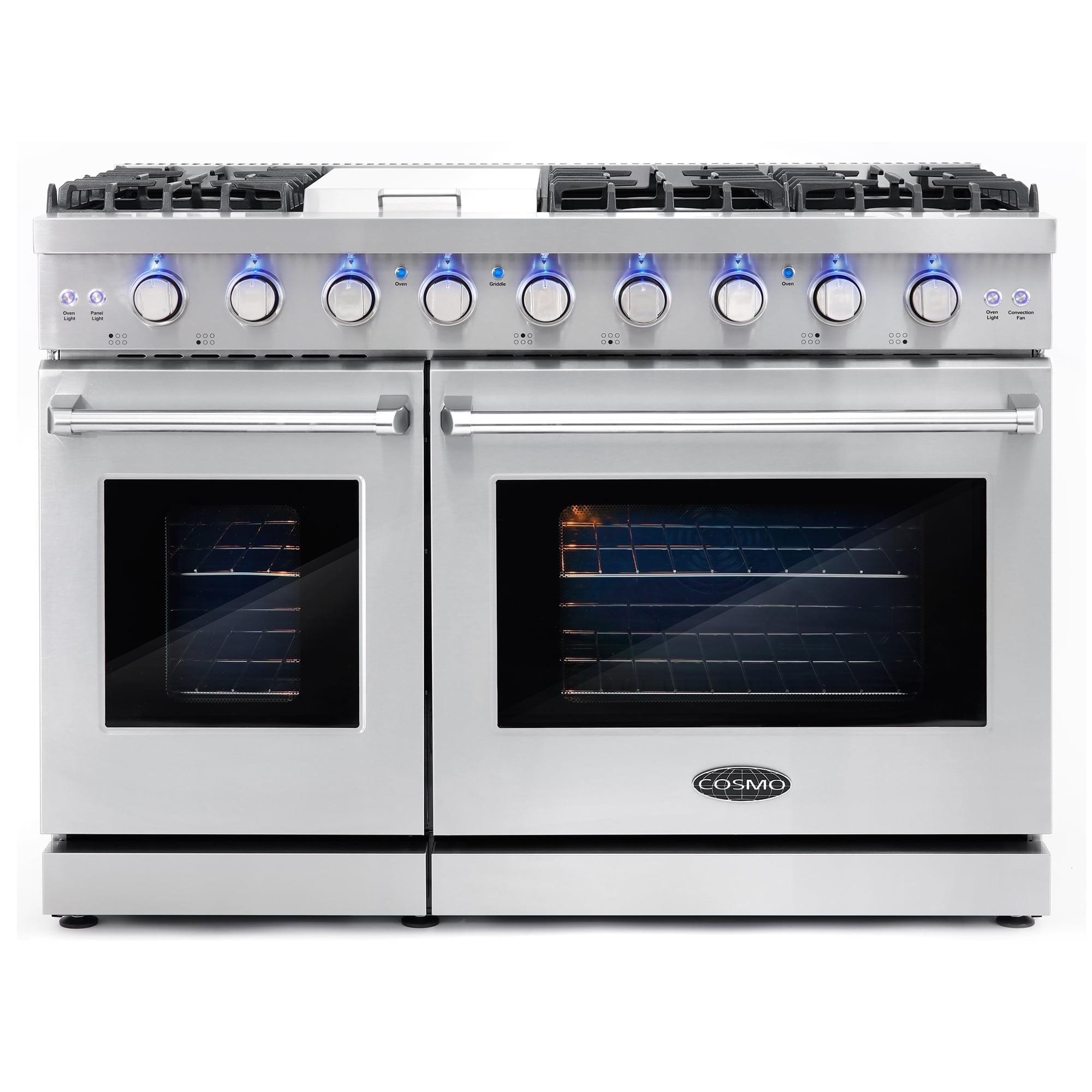 Cosmo 48 in. Haven Collection 7 cu. ft. Double Oven Gas Range, 6 Burners, Griddle, Convection, Knob LEDs, Stainless Steel