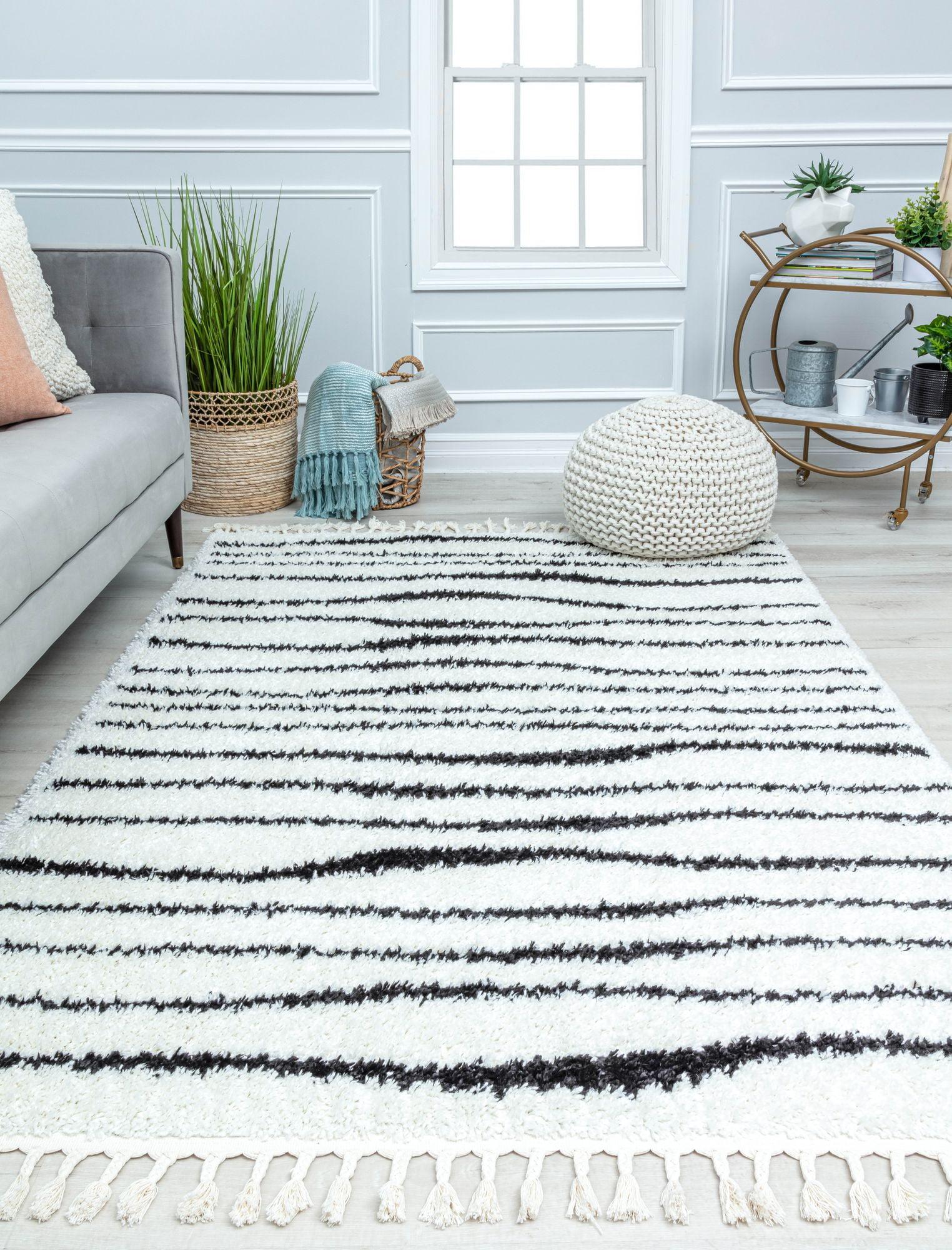 Black and White Abstract Shag Rectangular Rug 8' x 10'