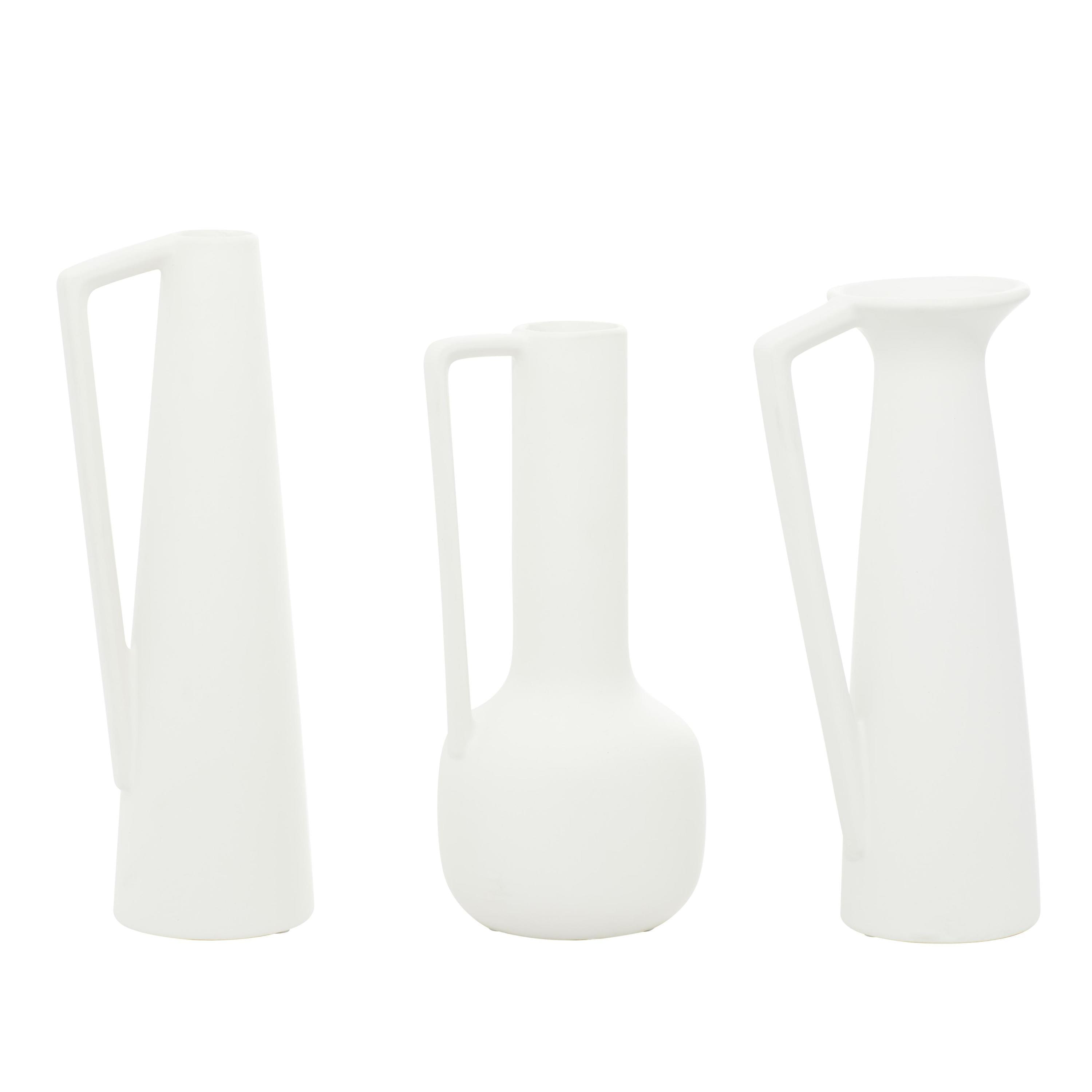 Elegant White Ceramic Vase Trio with Geometric Handles