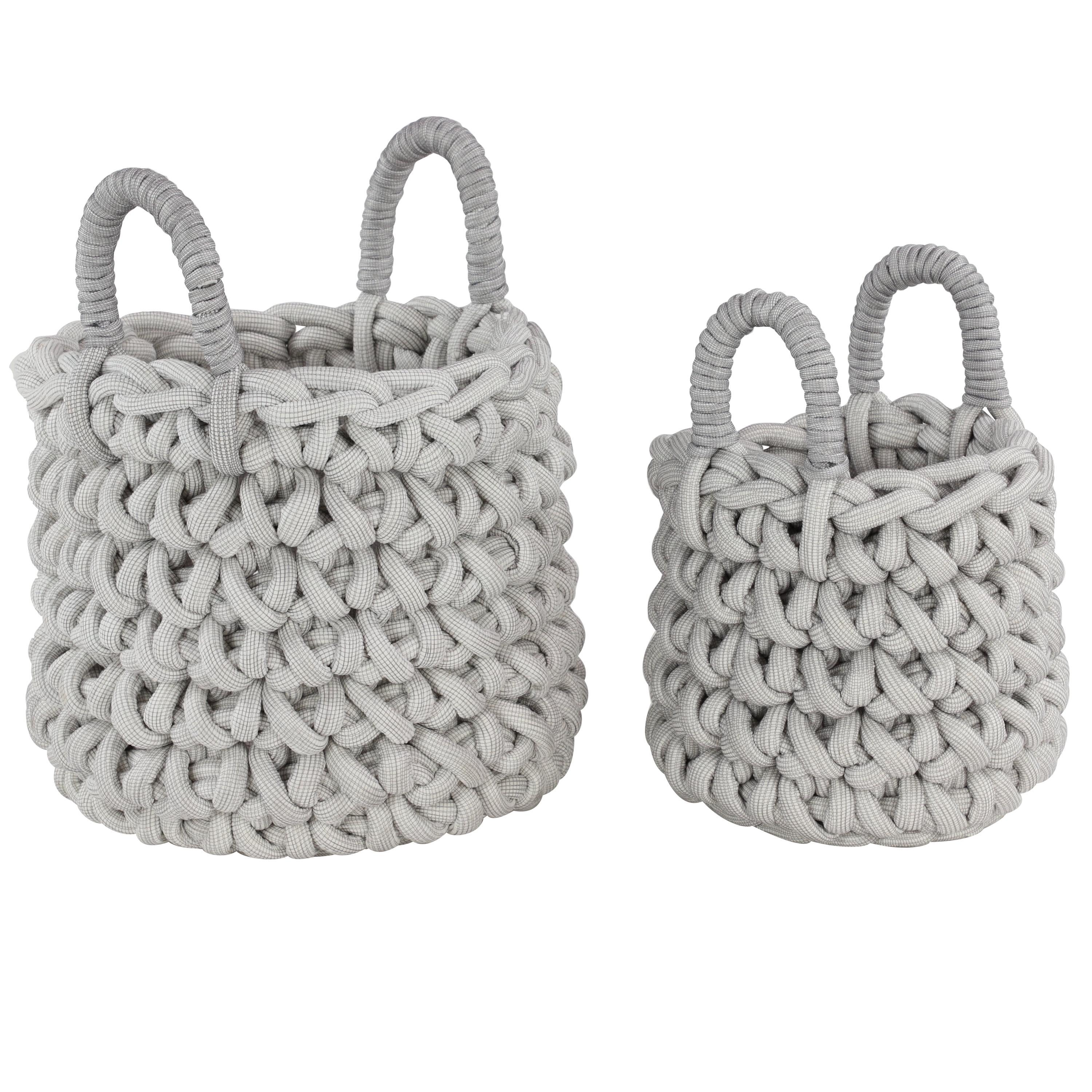 Gray Fabric Round Storage Baskets with Handles, Set of 2