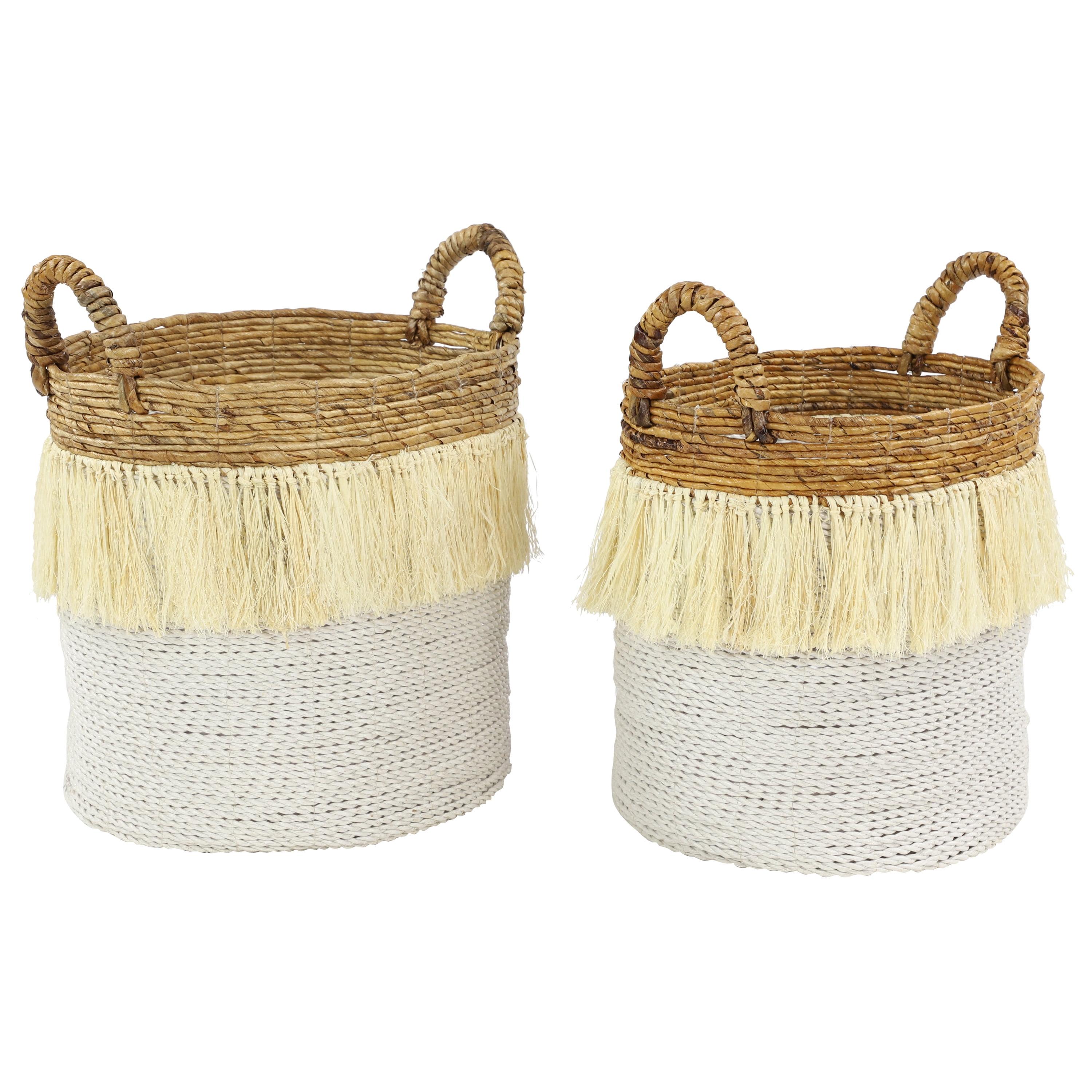 White and Natural Seagrass Round Storage Basket Set