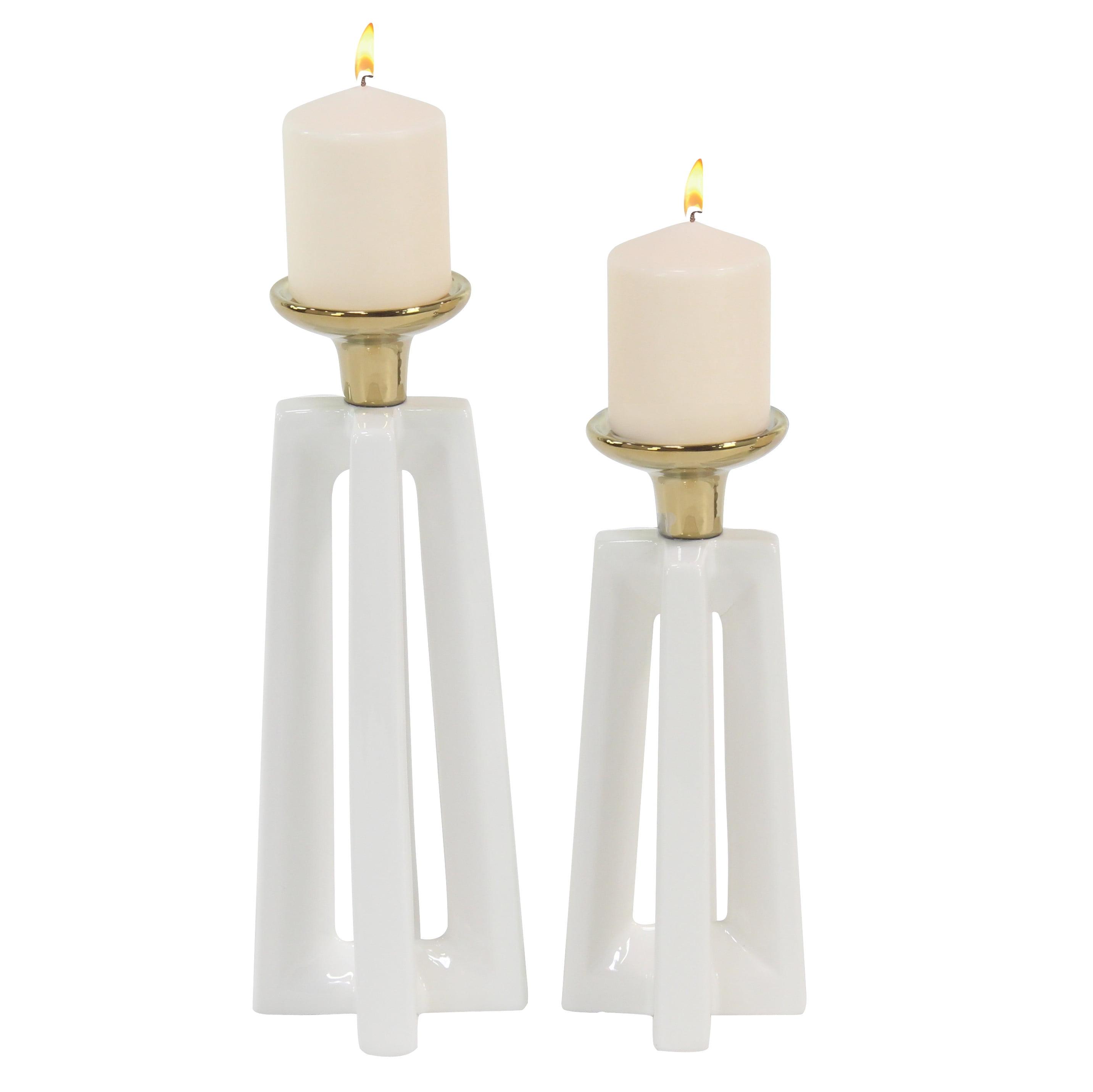 Elegant White Ceramic X-Shaped Candle Holder Set with Gold Accents