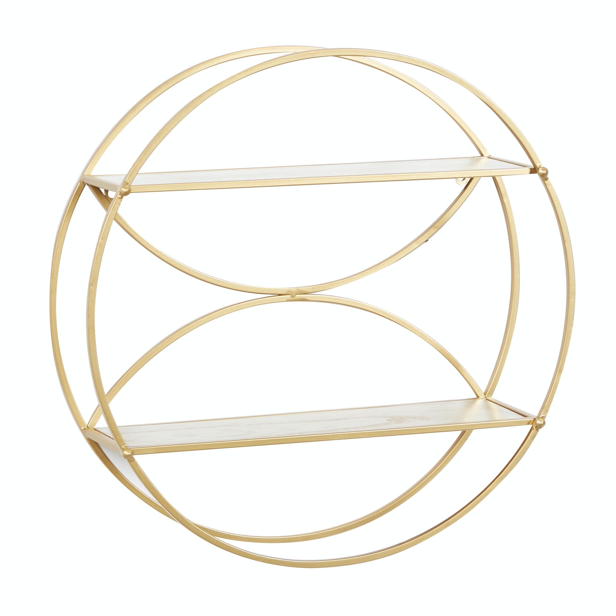 Contemporary Gold Round Iron & Wood Wall Shelf, 22" x 7"