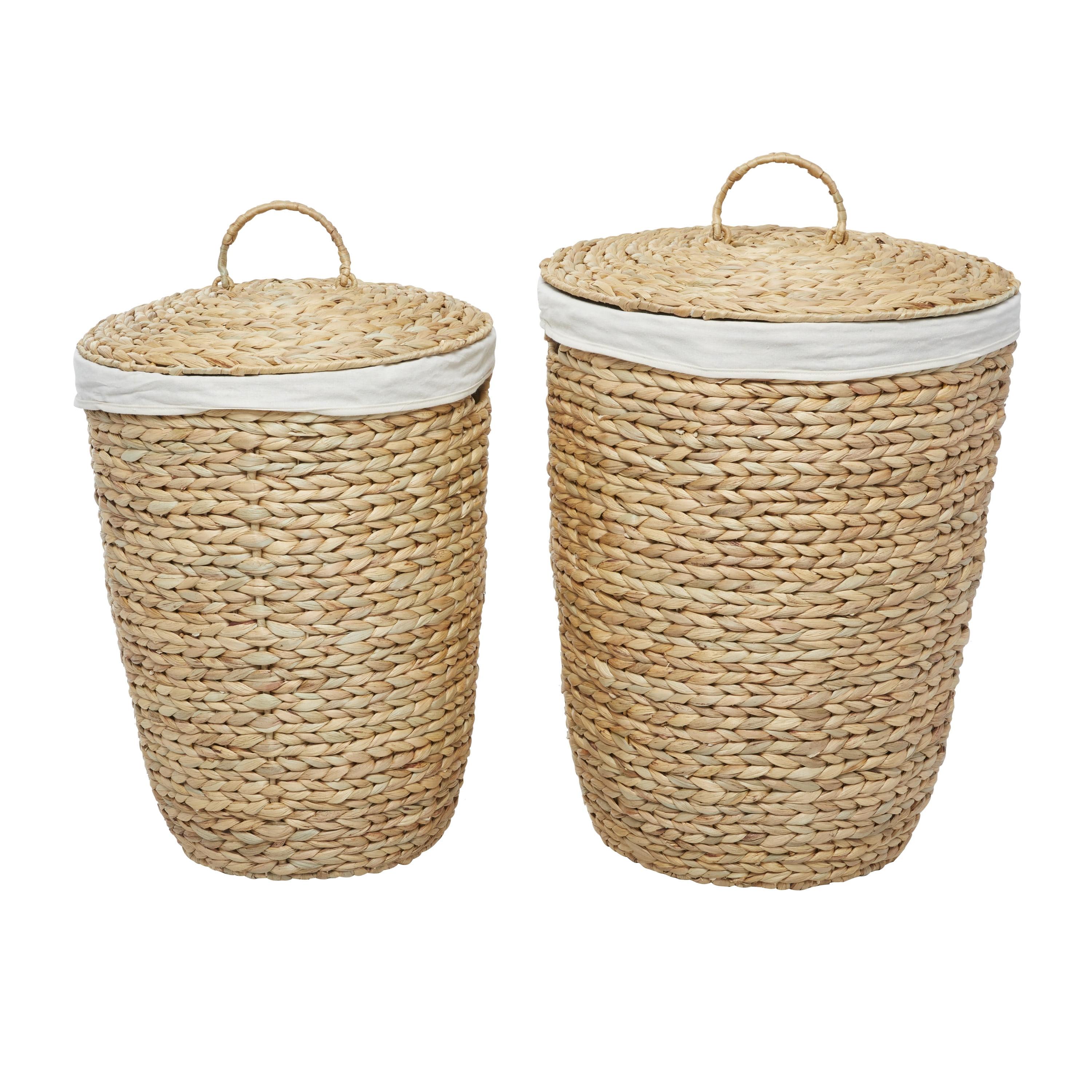 Light Brown Round Seagrass Storage Baskets with Lids, Set of 2