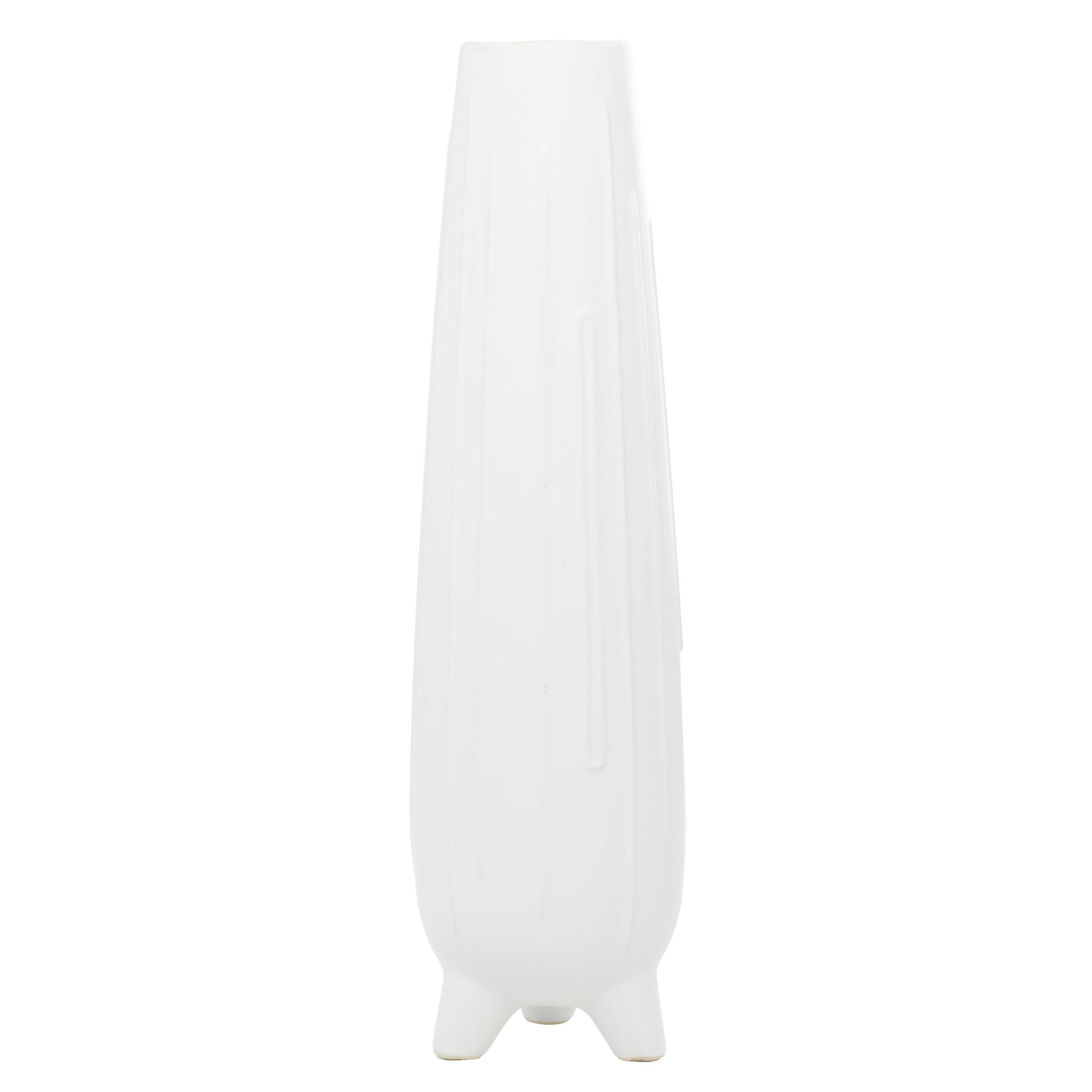 Elevated White Ceramic Teardrop Vase with Vertical Grooves