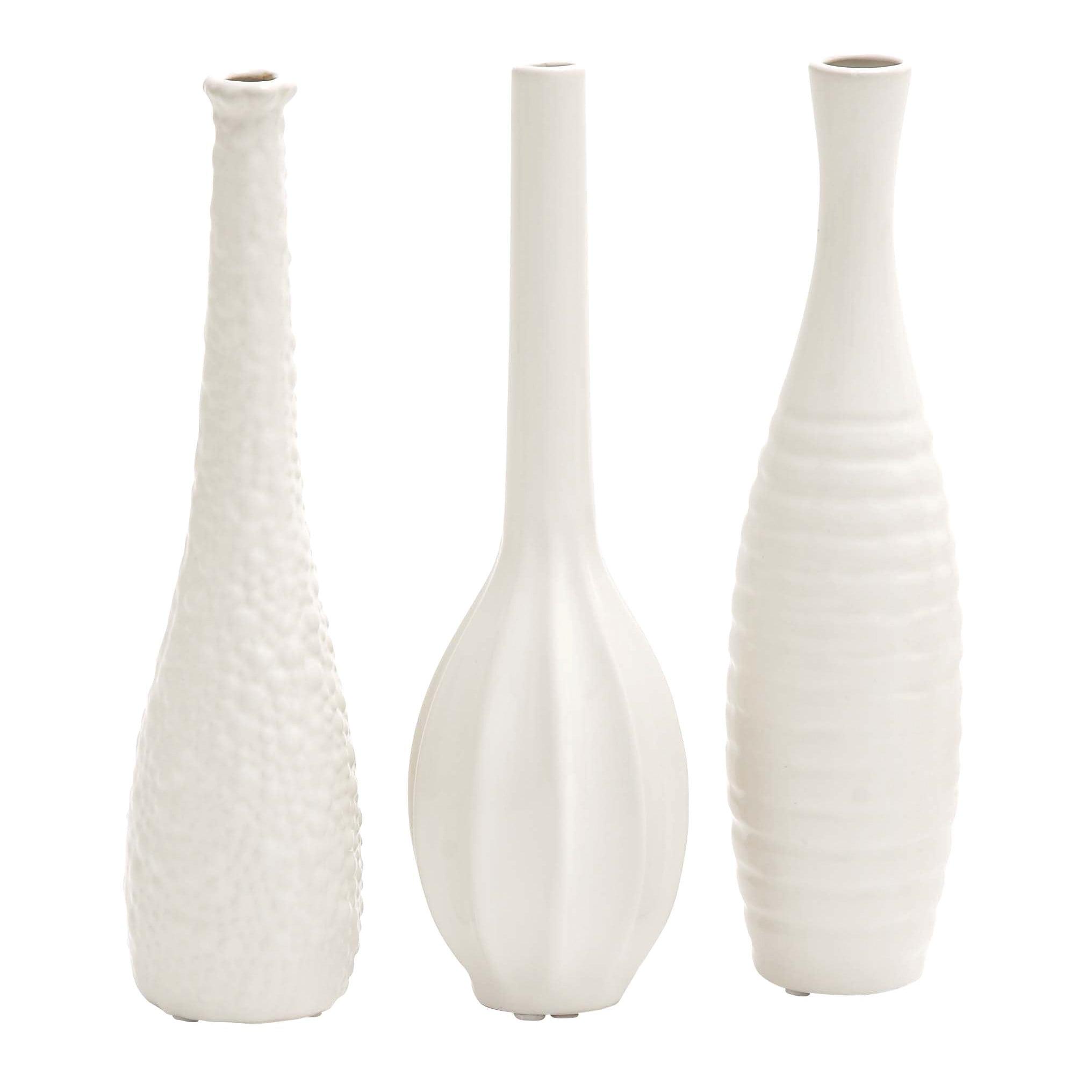 CosmoLiving by Cosmopolitan 3"W, 12"H Slim Textured Bottleneck White Ceramic Vase with Varying Patterns, Set of 3