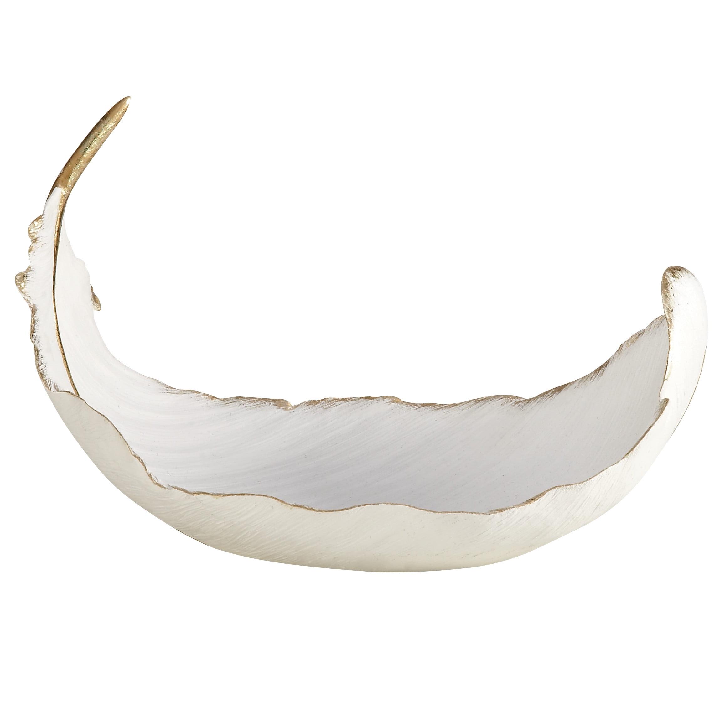 Elegant Oval White and Gold Polystone Feather Decorative Bowl
