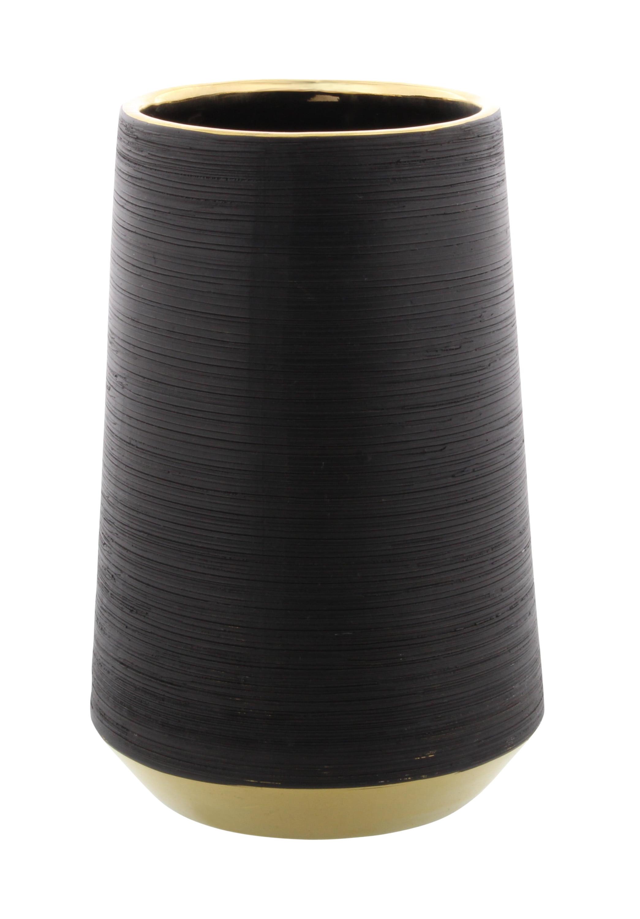 Matte Black Porcelain Vase with Gold Trim Accents 9"x12"