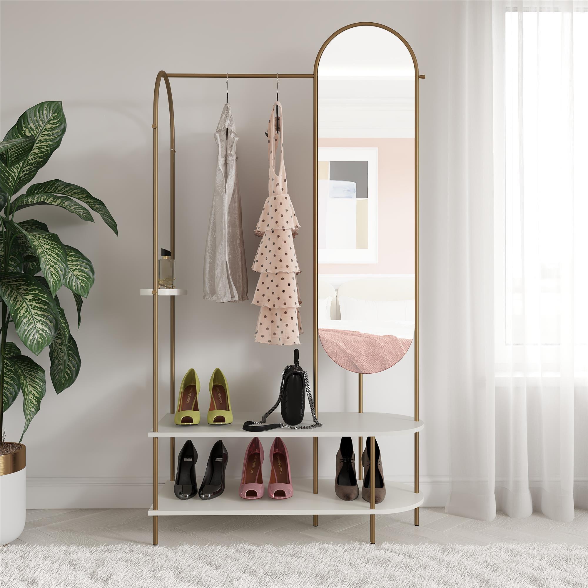 White and Gold Metal Valet Stand with Mirror