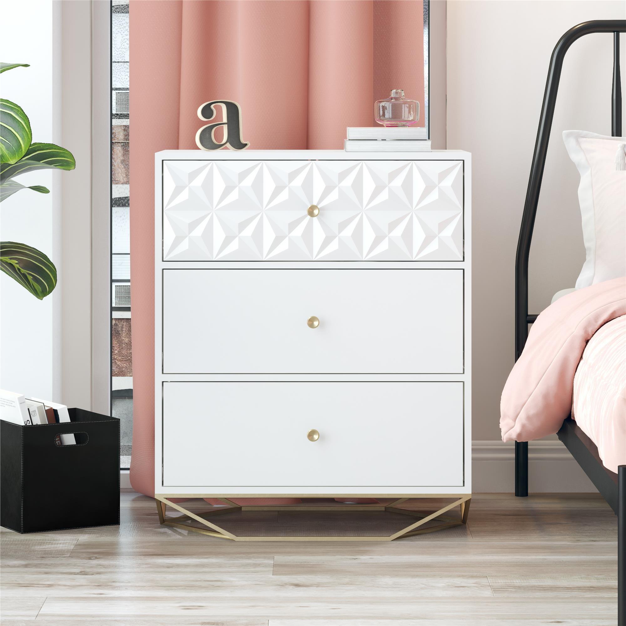 Blair Creamy White and Gold 3-Drawer Dresser with Geometric Accents