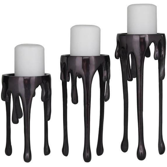 CosmoLiving by Cosmopolitan Contemporary Aluminum 3D Melting Candle Design Candle Holder, Set of 3 12" 10" 8" with Glossy Metallic Black Finish