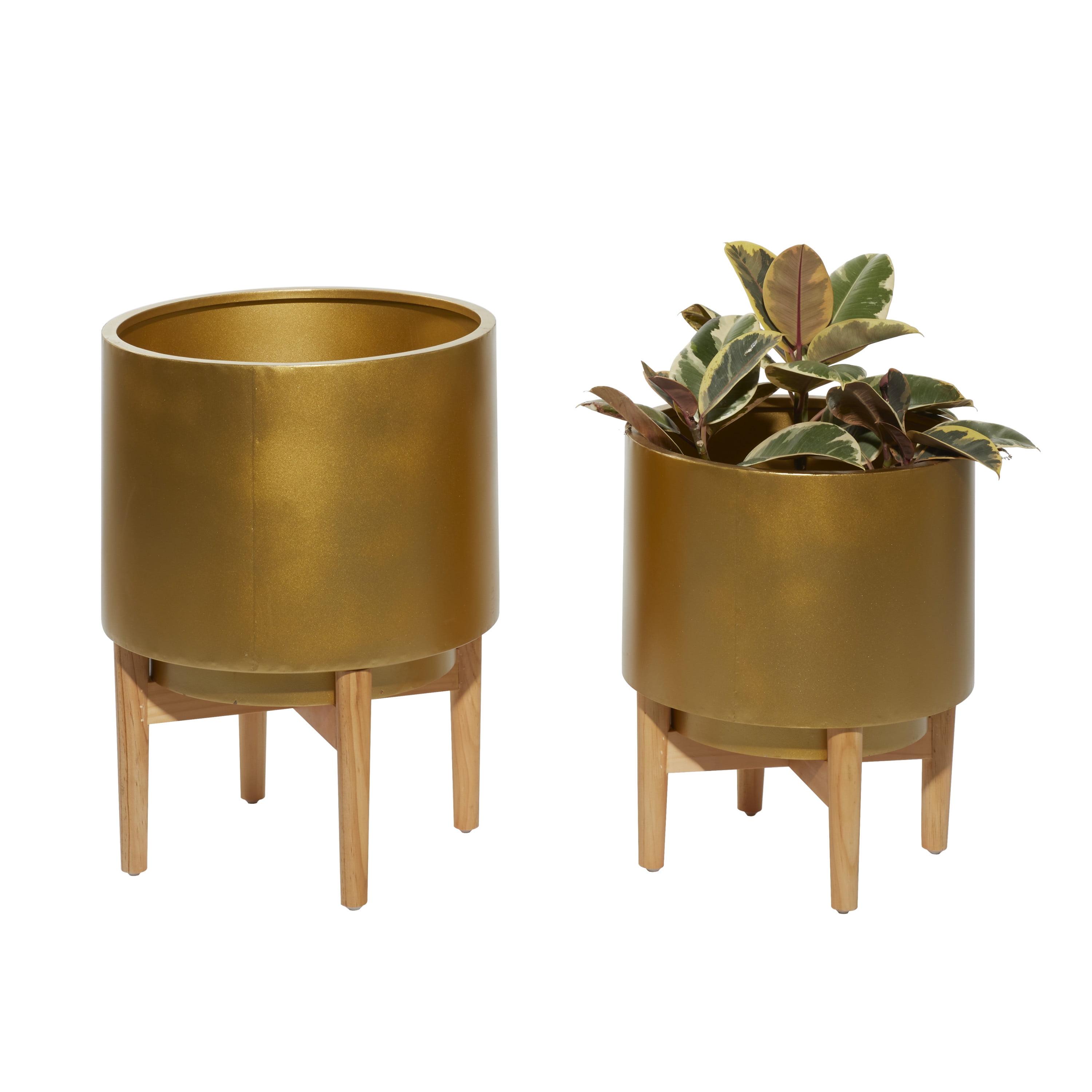 CosmoLiving 16" Gold Metal and Wood Circular Planter, Set of 2