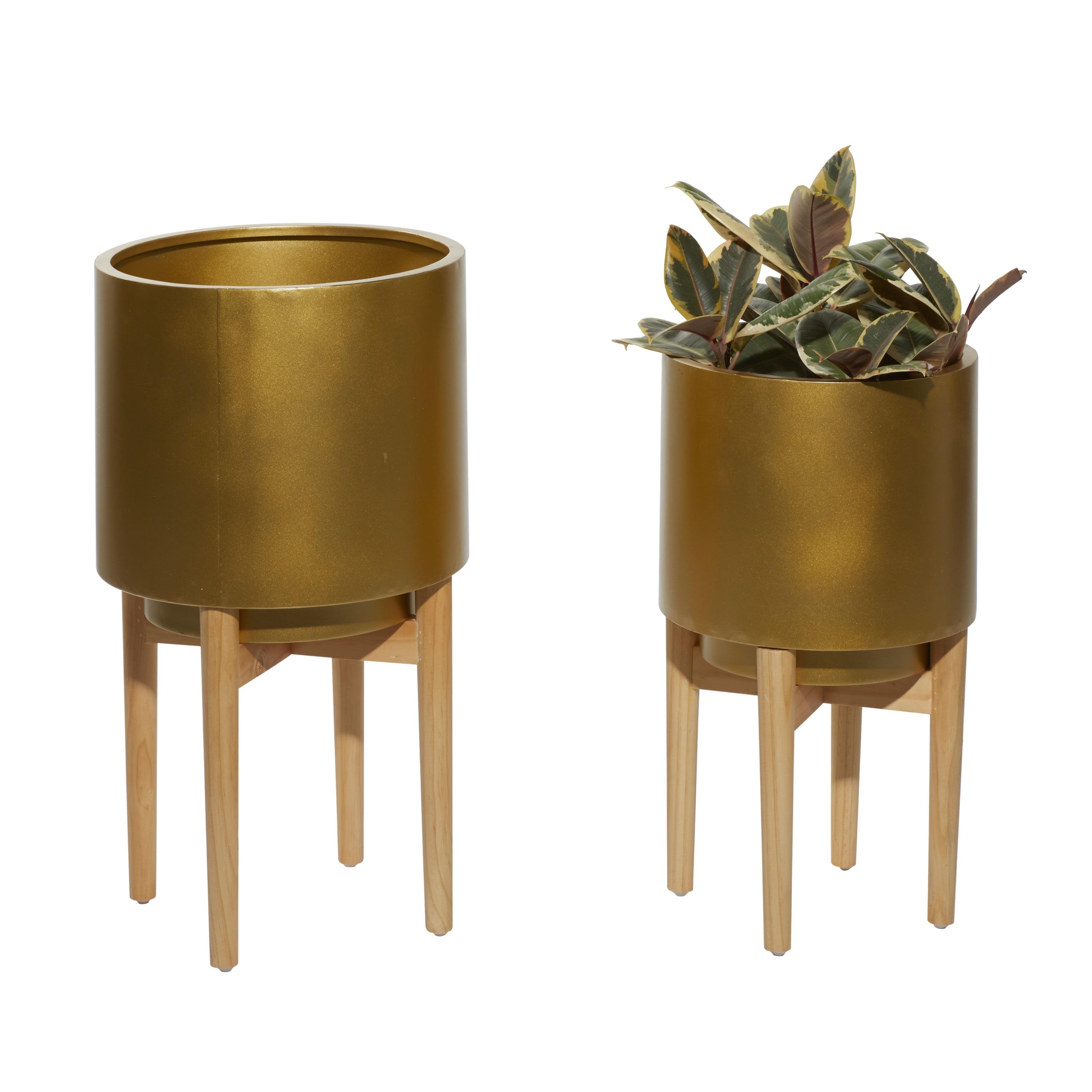 Mid-Century Gold and Wood Circular Planter Set, 24" & 20"H