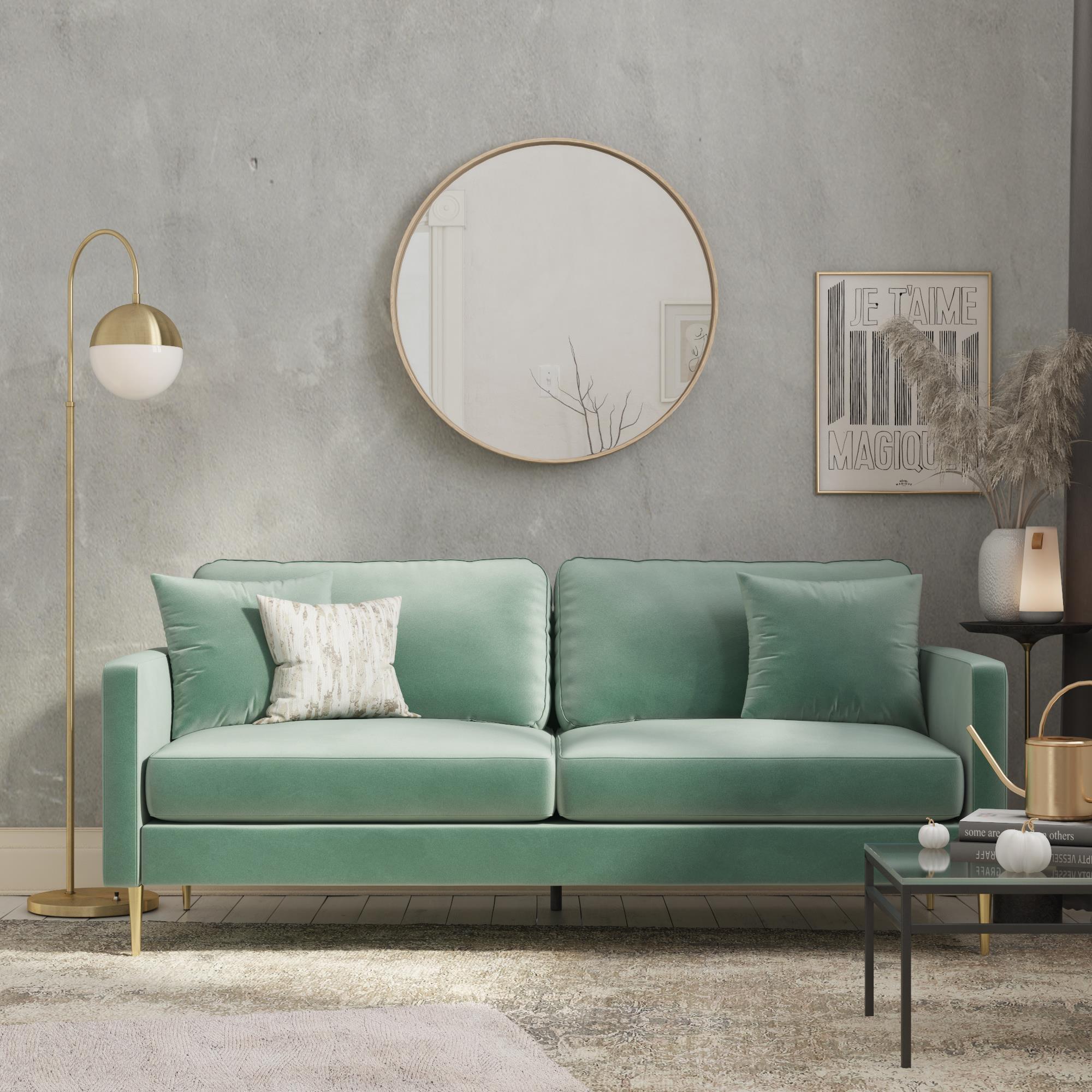 CosmoLiving Highland 66.9" Green Velvet Sofa with Tufted Back and Wood Accents