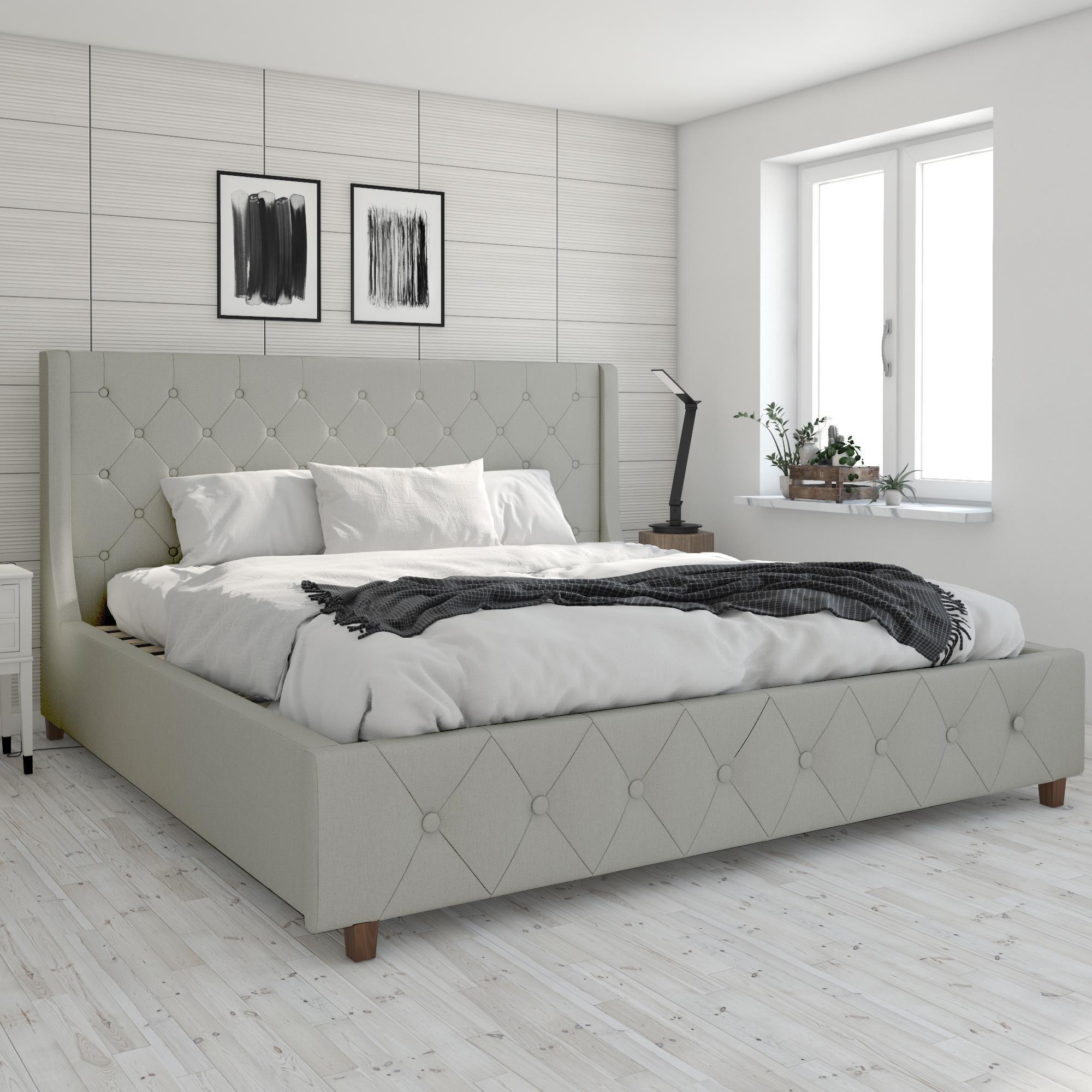 Light Gray Linen Tufted King Upholstered Bed with Metal Frame