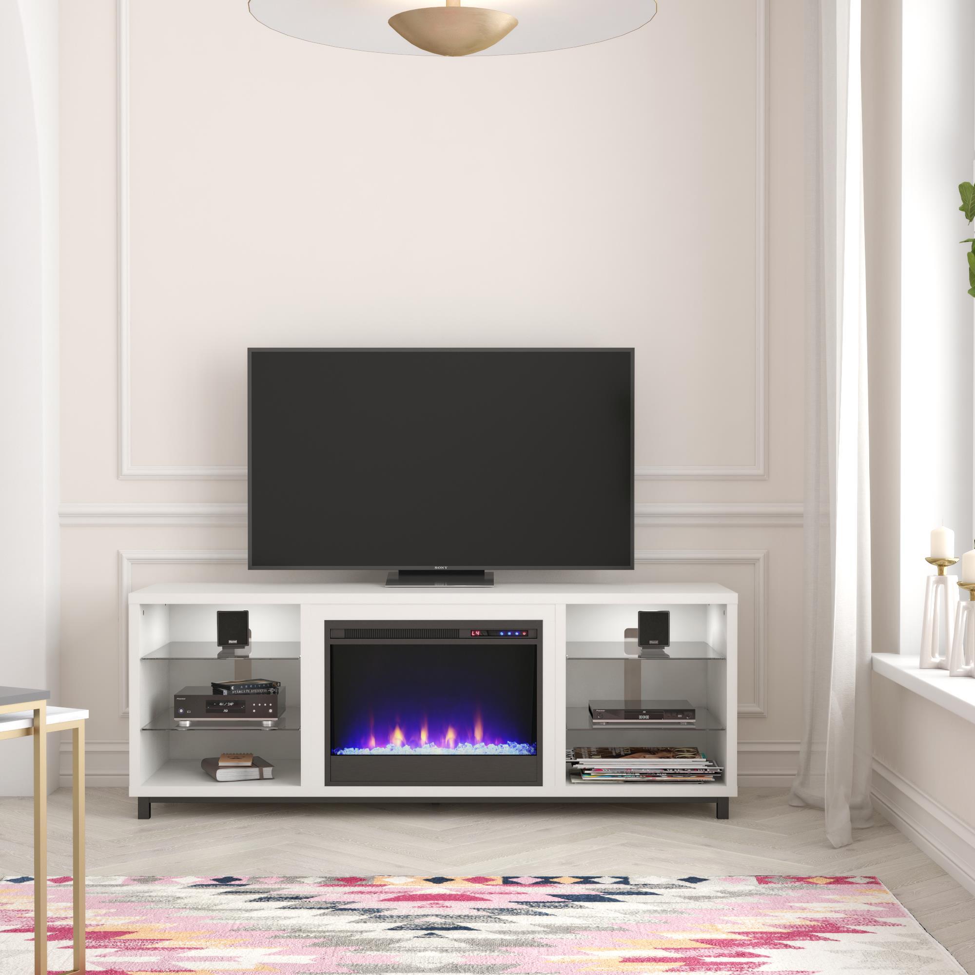 White 70" TV Stand with Electric Fireplace and Glass Shelves