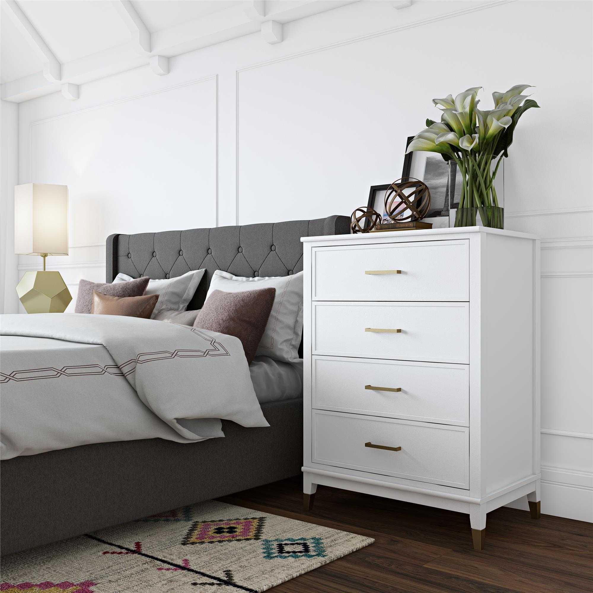 White and Gold 4-Drawer Dresser with Trendy Hardware