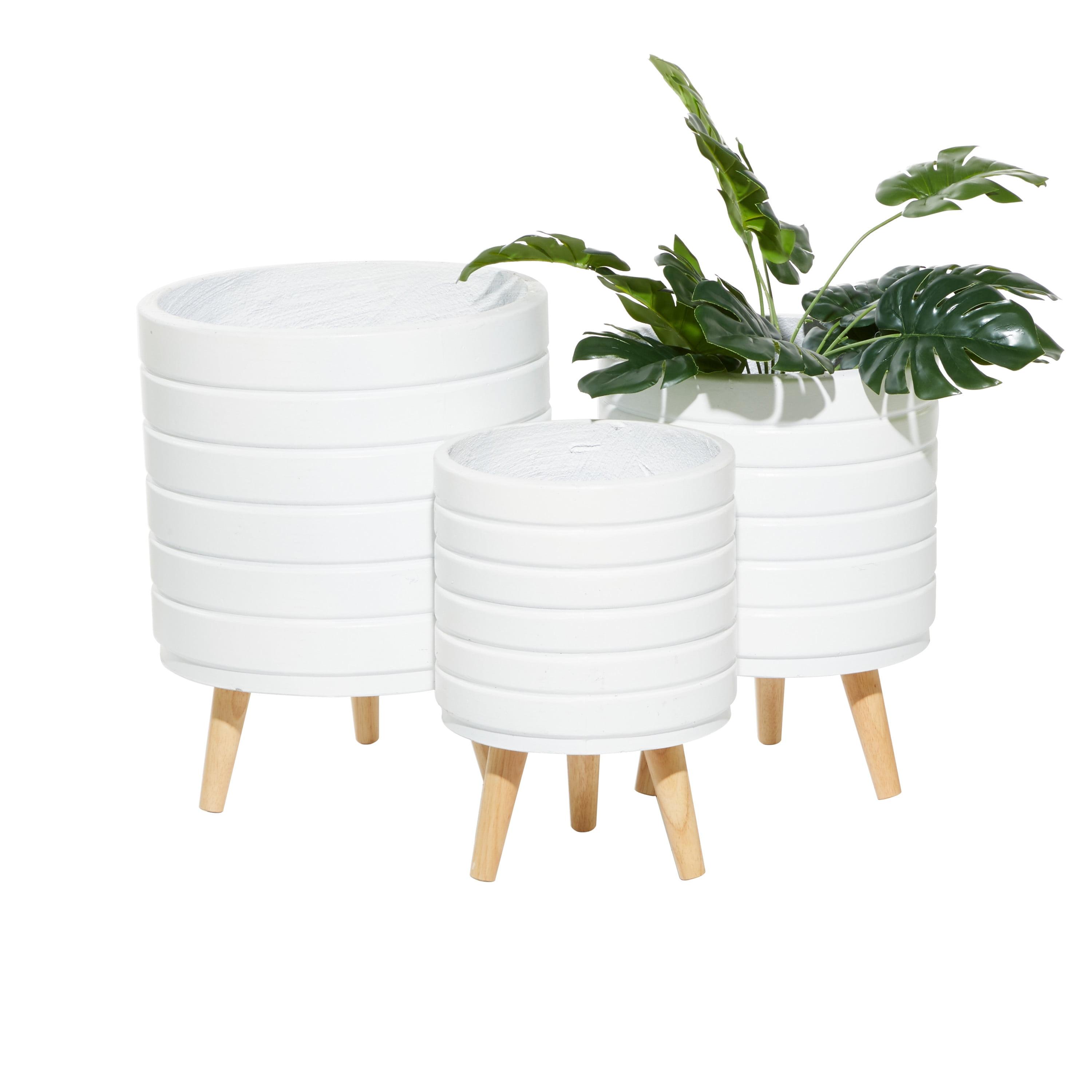 Set of 3 White Fiber Clay Etched Planters with Wooden Tripod Stand