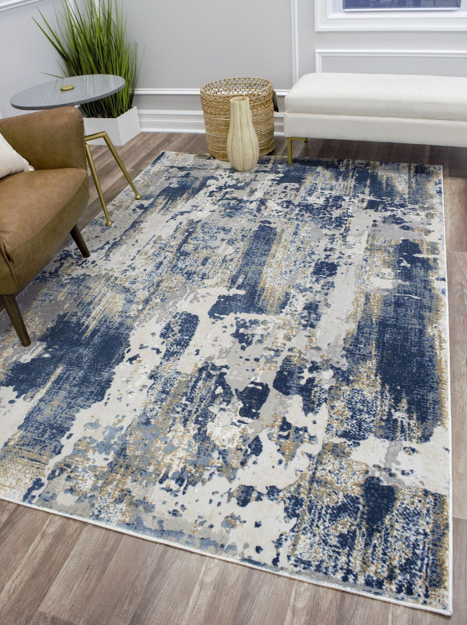 Sapphire Blue and Ivory Abstract Polyester Runner Rug