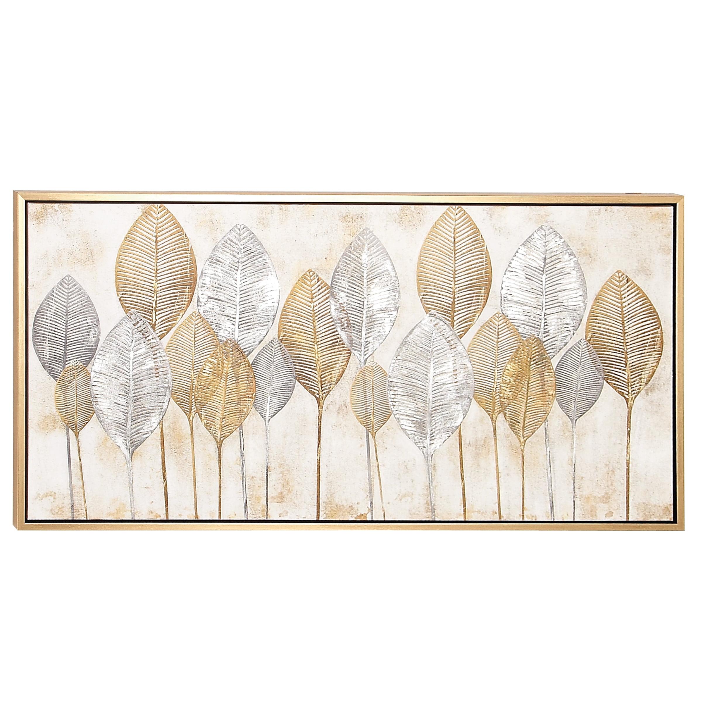 Canvas Leaf Living Room Framed Wall Art with Silver Accents and Gold Frame