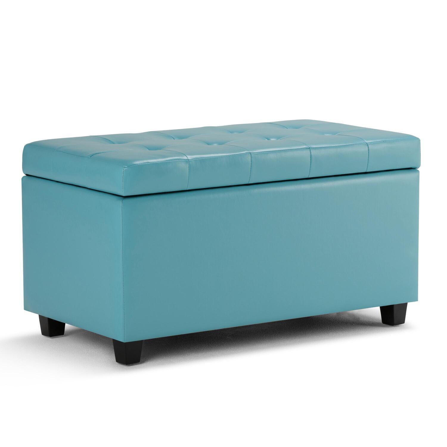 Soft Blue Tufted Faux Leather Rectangular Storage Ottoman