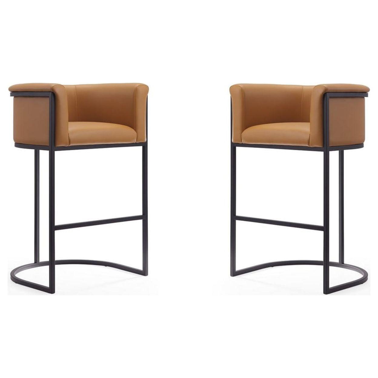 Camel and Black Faux Leather Metal Bar Stools, Set of 2