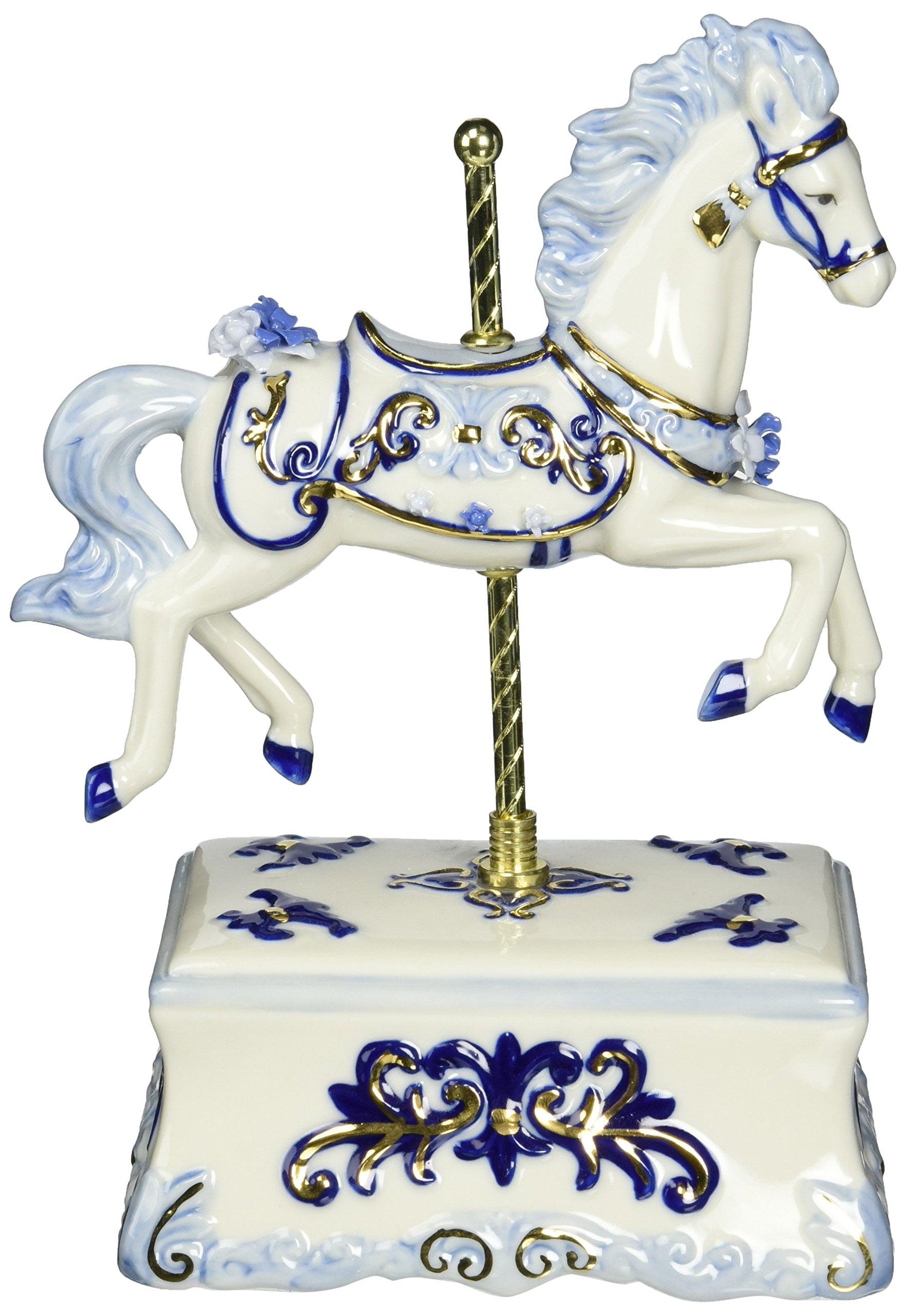 Hand-Painted Blue and White Porcelain Carousel Horse Music Box